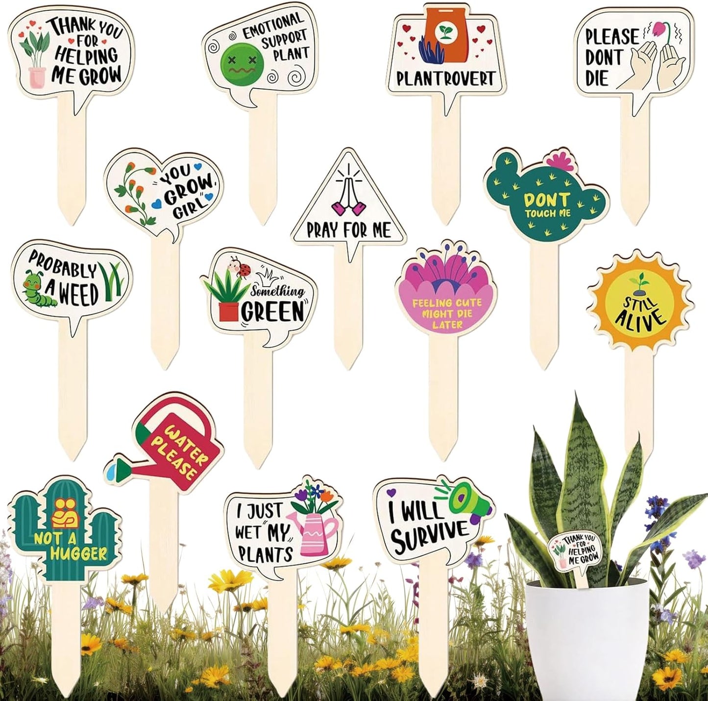 Funny Wooden Plant Labels - 15 Pack Tags for Succulents, Flowers, Greenery; Waterproof, Outdoor Garden Plant Markers; Perfect Gifts for Plant Lovers