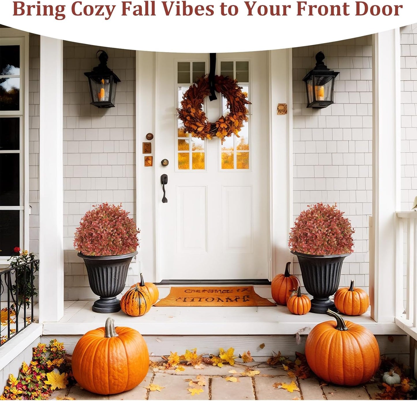 24" Tall Artificial Boxwood Ball Fall Topiary Trees Set of 2, UV Resistant Large Faux Plants Outdoor, 2ft Fake Bushes and Shrubs Look Real with Stake for Front Porch Outside Planter Backyard Decor