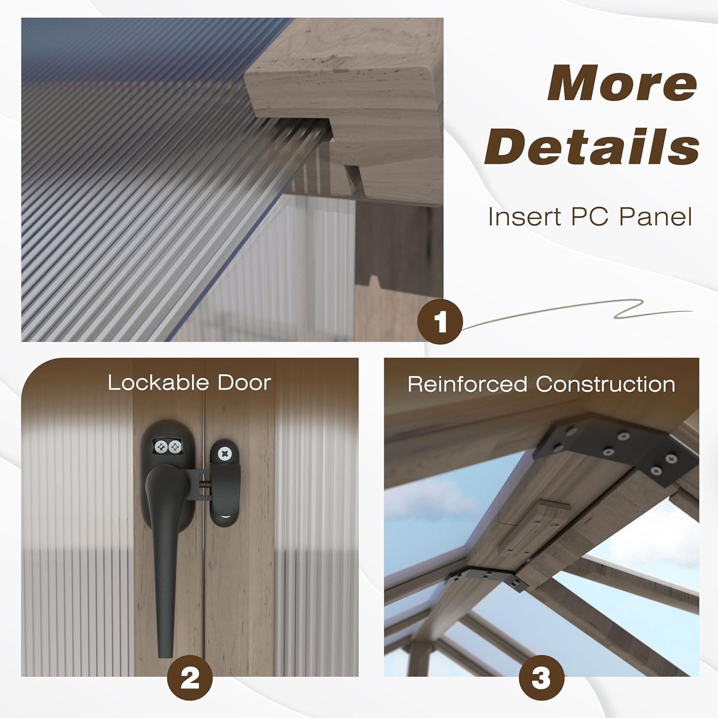 8x12 FT Greenhouse Kit with 6MM Thick Polycarbonate Panel for Outdoor, Wooden Walk-in Green House with Adjustable Roof Vent and Lockable Door, Backyard, Garden, Light Mocha Brown