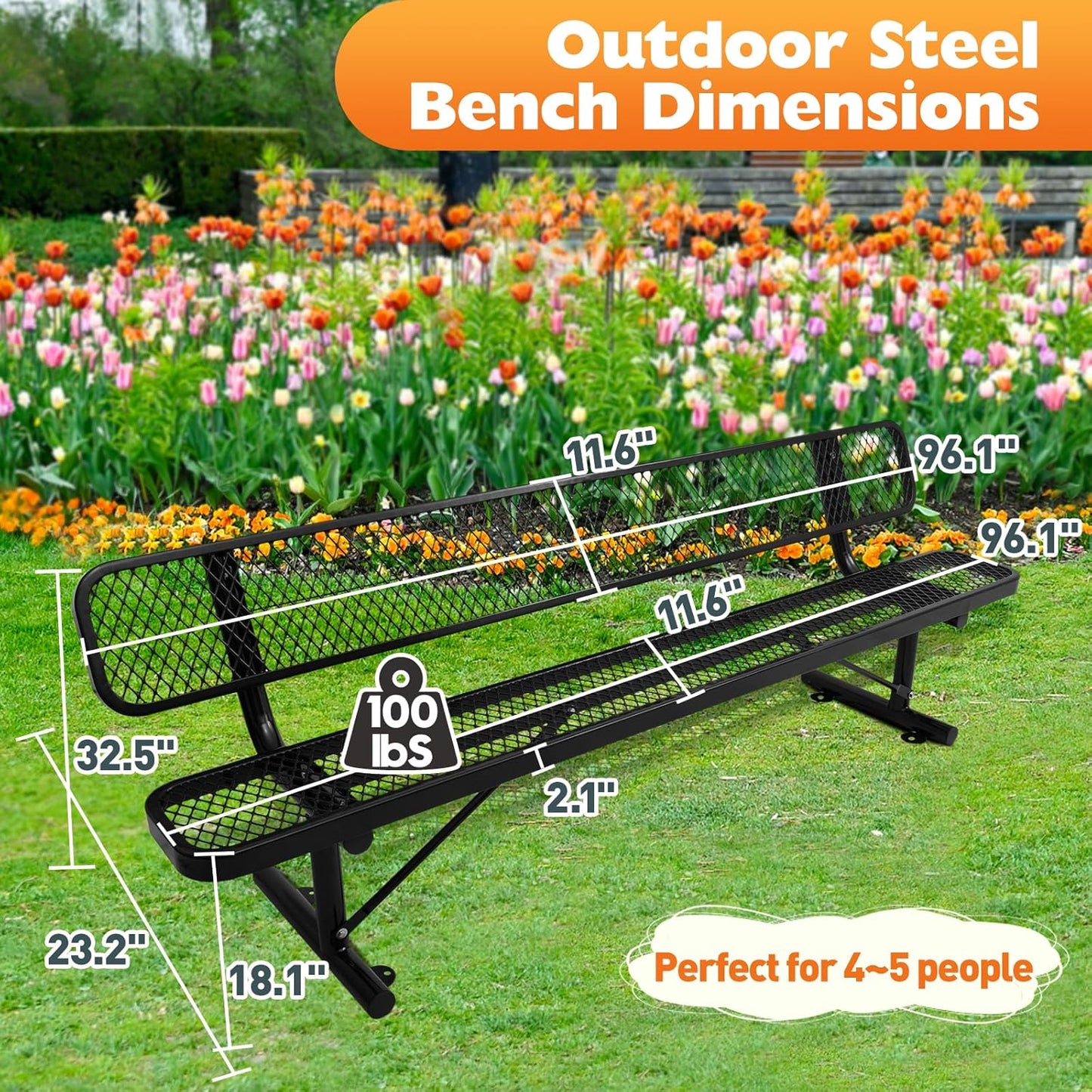 Drexo 8FT Heavy Duty Park Bench with Back Portable Frame, Outdoor Metal Park Bench with Backrest, Steel Mesh Outdoor Bench for Garden, Lawn, Patio, Porch, Park, Yard, Black