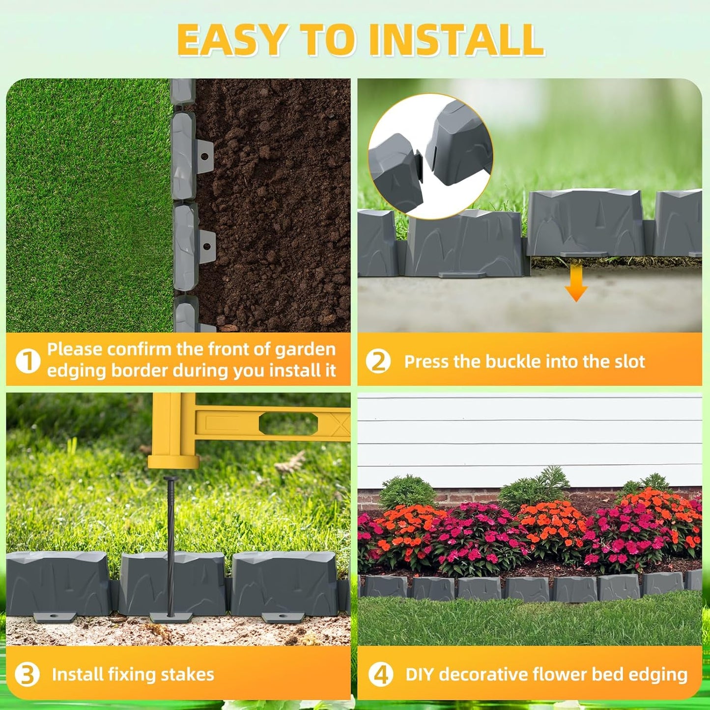 8Pcs Landscape Edging with 24 Pieces 8-Inch Spikes | for Flower Beds, Tree Rings, Pathways | Garden Edging Border Stone 12" Long, 3-Inch Tall,Faux Stone Edging for Landscaping (12FT)