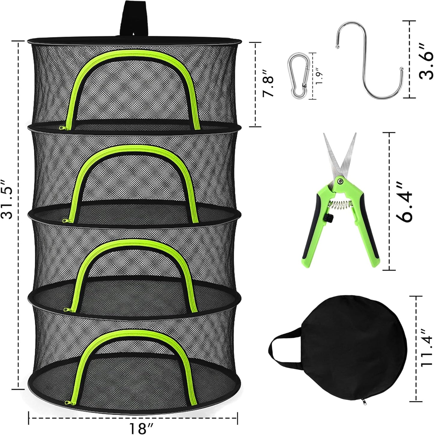 Herb Drying Rack Hanging Mesh 4 Layer 18" with Zipper, Garden Pruning Shear, Hook & Carabiner Clip for Drying Herbs, Plants, Seeds, Buds | Hydroponics & Grow Tents Herb Dryer Hanging Rack