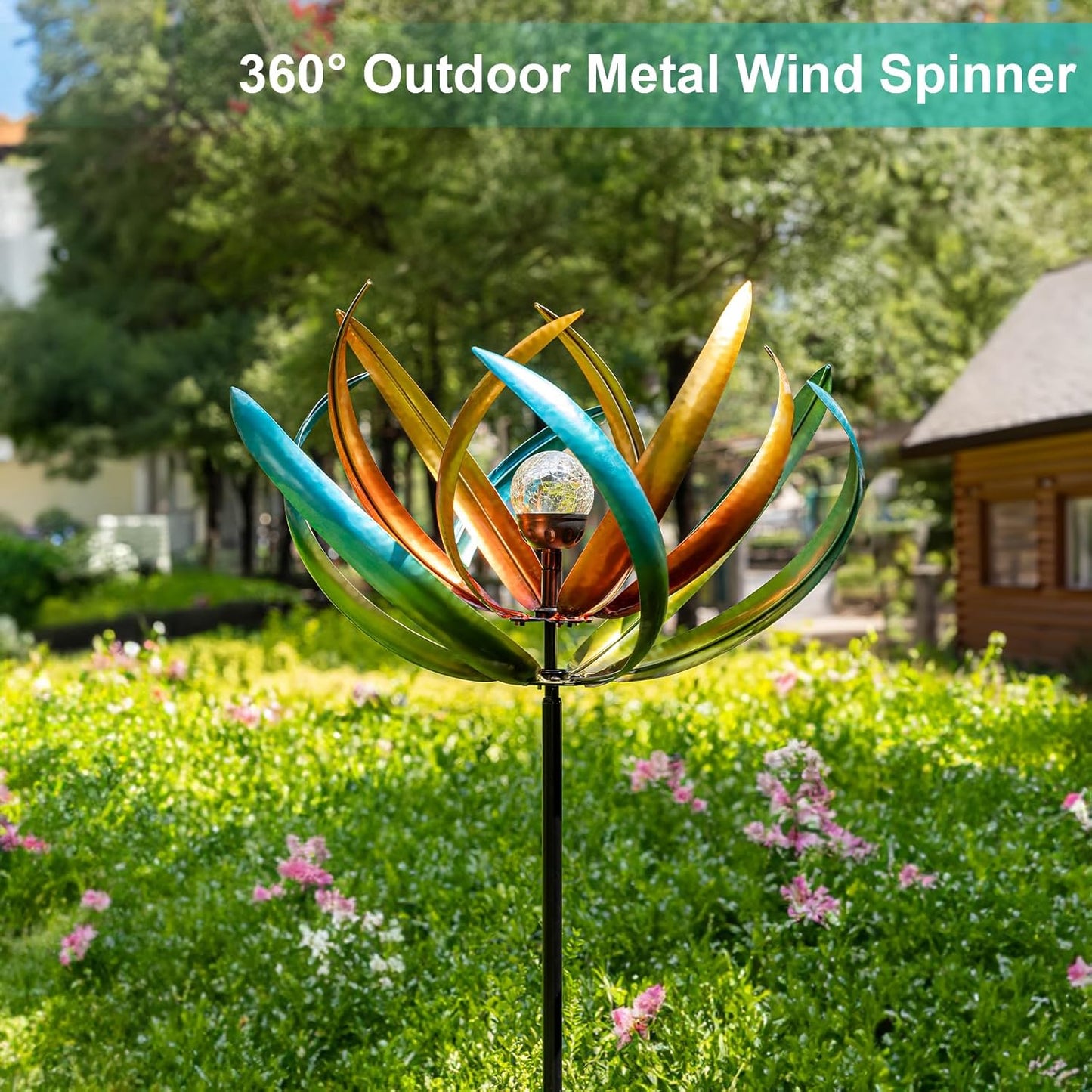 Large Solar Wind Spinners for Yard and Garden-82.6 Inch 360° Metal Wind Sculptures Outdoor Clearance Kinetic Windmills with Multi Color Led Glass Ball