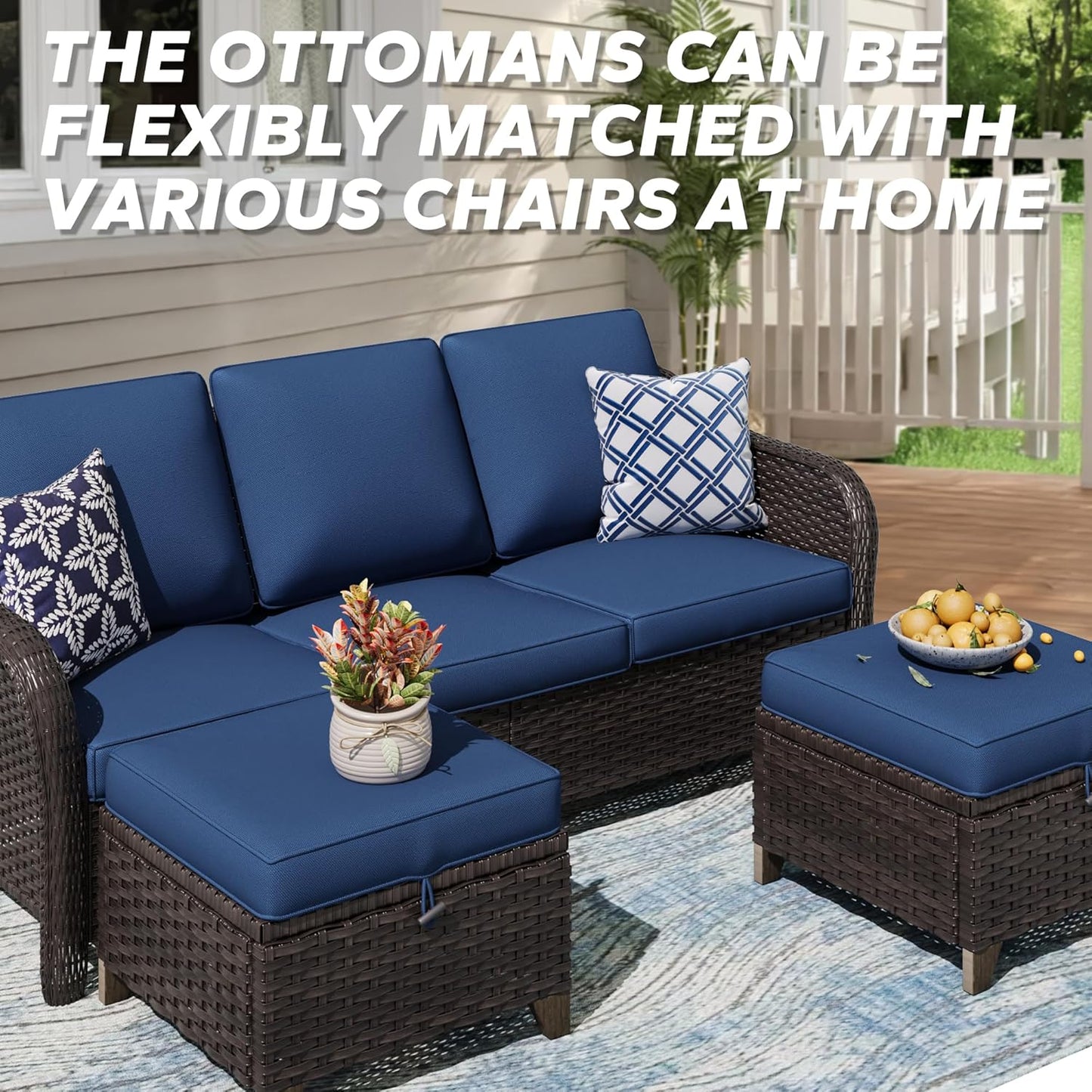 3 Pieces Patio sectional Sofa Set, Outdoor Conversation Furniture Set, 78" 3-Seat Couch with 2 Ottomans, 47" Metal Coffee Table, Rattan Wicker Sofa with Washable Cushions (Navy Blue)