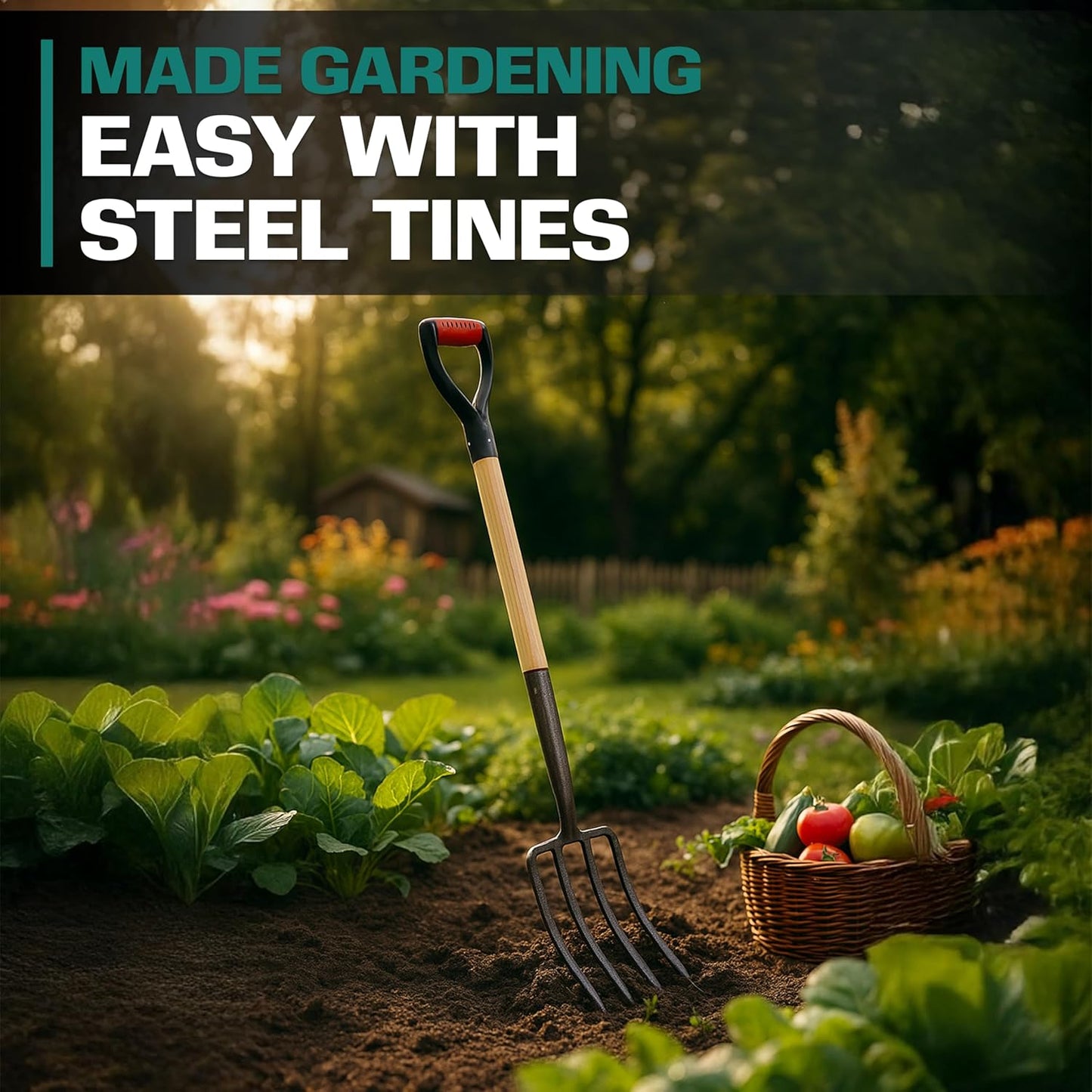 2WAYZ Pitchfork for Gardening - Heavy-Duty Broad Garden Fork - Stainless Border Digging Fork - Wood and Steel Pitch Fork- Durable, Rugged, Professional Quality Tool - 40.6 x 7.1 inch (Black and Red)