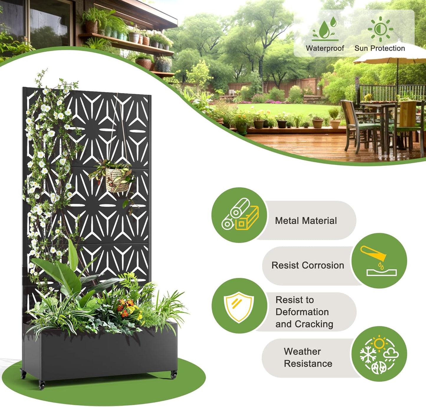 FENCY Metal Raised Garden Bed with Wheels and Trellis,73"x35"x16" Planter Box for Climbing Plants, Vegetables & Vines, Features Privacy Screen and Drainage Holes (Black-Star)