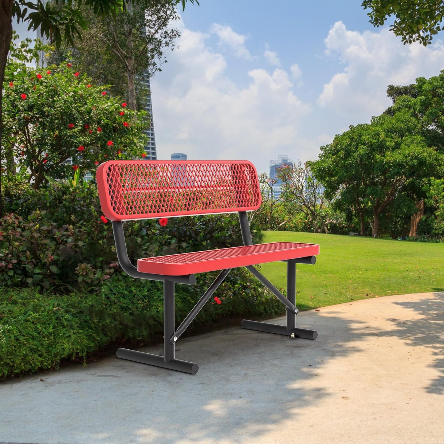 4/6/8 Feet Park Bench for Outside Heavy Duty Metal, Garden Benches Outdoor Bench with Backrest & Portable Frame, for Shopping Malls Stores Parks Patios Decks, Red