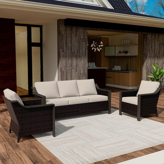 3 Piece Wicker Patio Conversation Set, All-Weather Use Outdoor Wicker Sofa with 2 PE Rattan Chair, Removable Water-Resistant Cushion, Ideal for Porch, Backyard, Balcony, Poolside, Beige