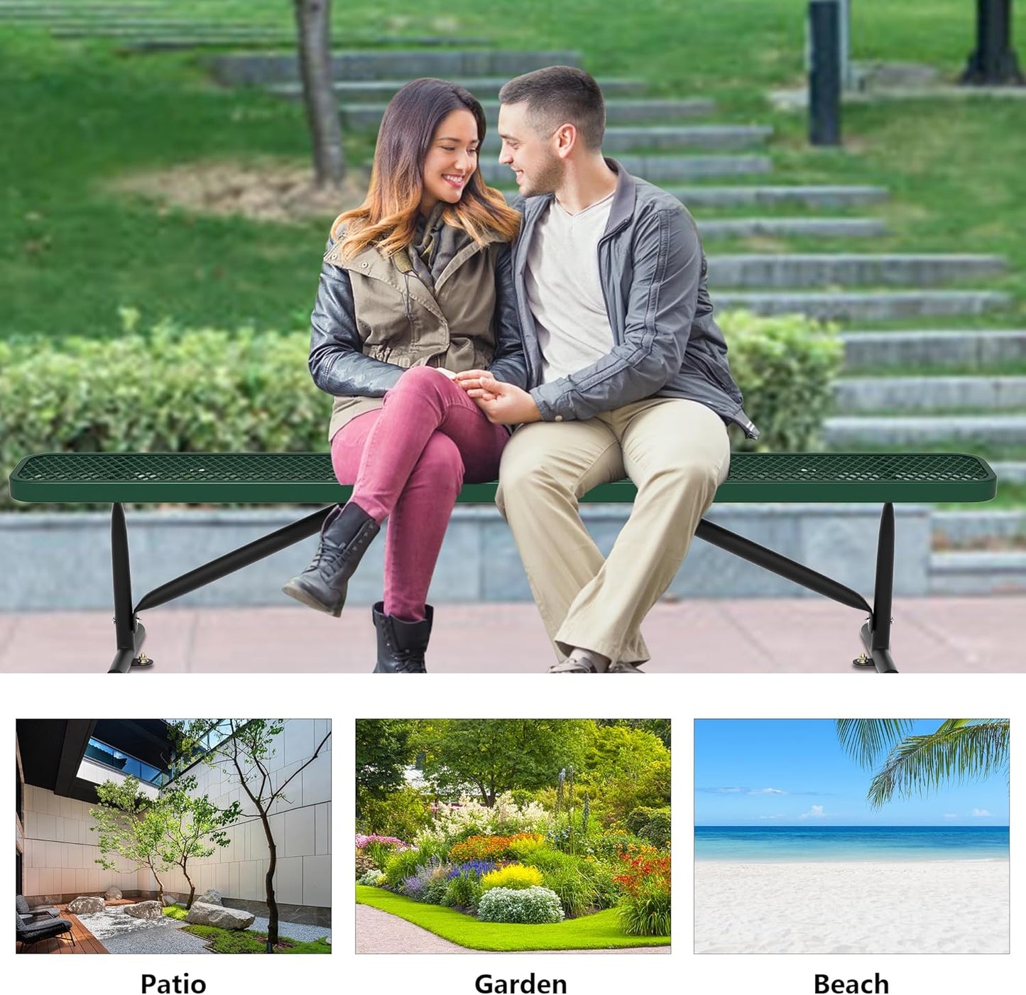 8 Feet Heavy Duty Metal Park Bench for Outside, Outdoor Bench with Portable Frame, Commercial Benches for Shopping Mall, Store, Park, Patio, Deck, Green