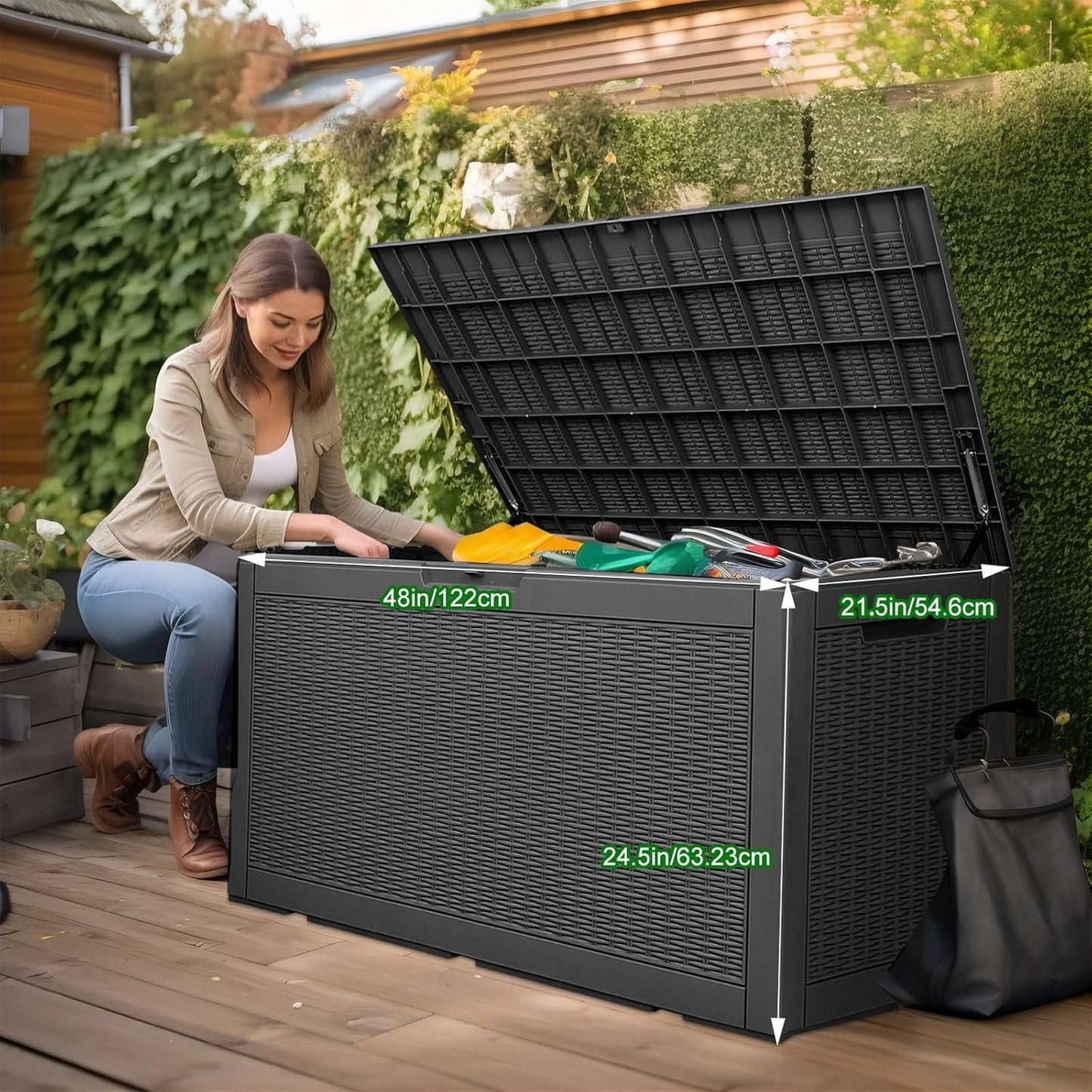 100 Gallon Outdoor Deck Box,Storage Lockable Waterproof Patio Furniture,Garden Tools,Cushions,Pool Accessories Outside Storage Resin Box(Black)