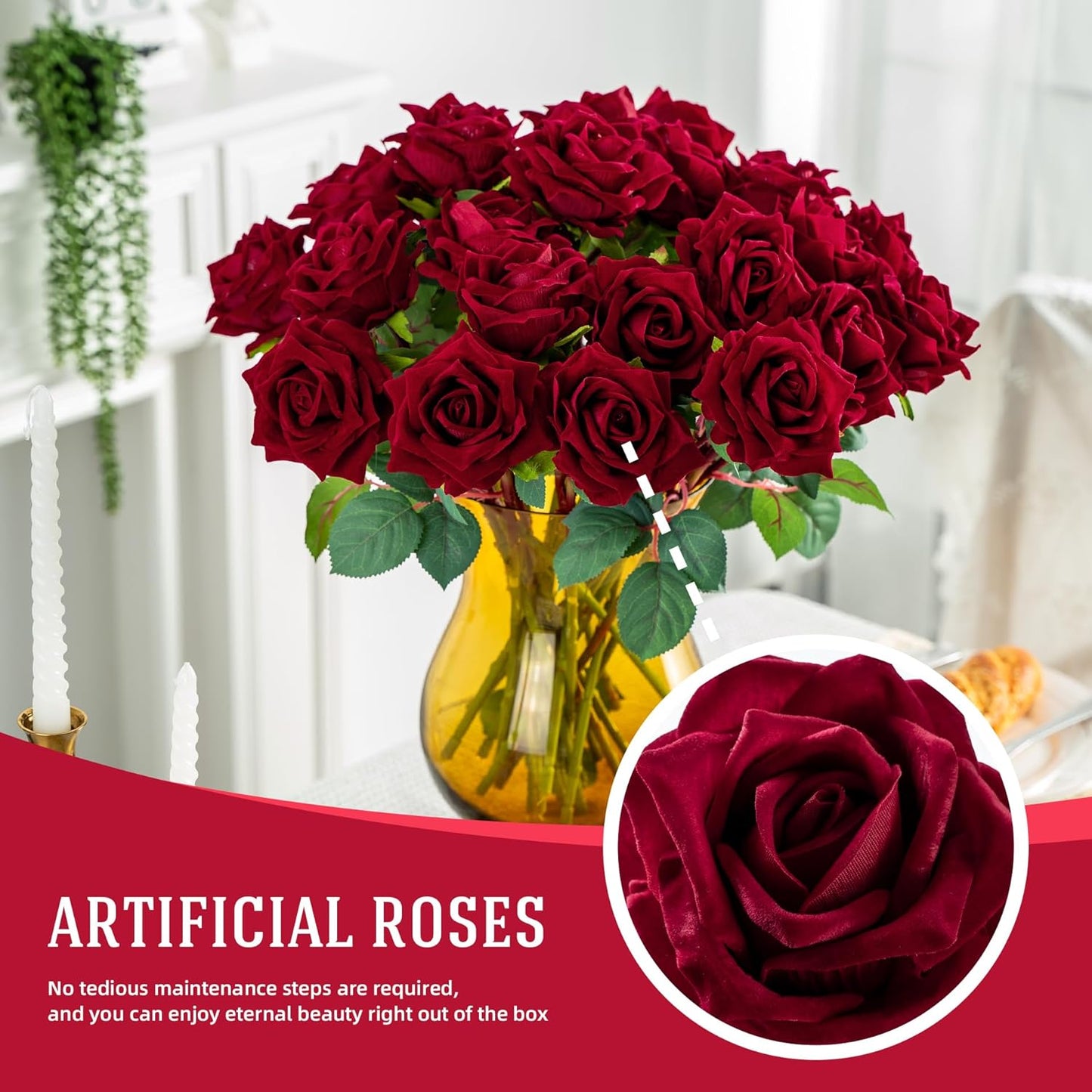 Fake Roses Faux Flowers Silk Roses Artificial Roses with Stems Realistic Artificial Flowers Suitable for Indoor Home Decoration DIY Bouquet Wedding Decor Party Decor 16.5In (24PCS, Red)