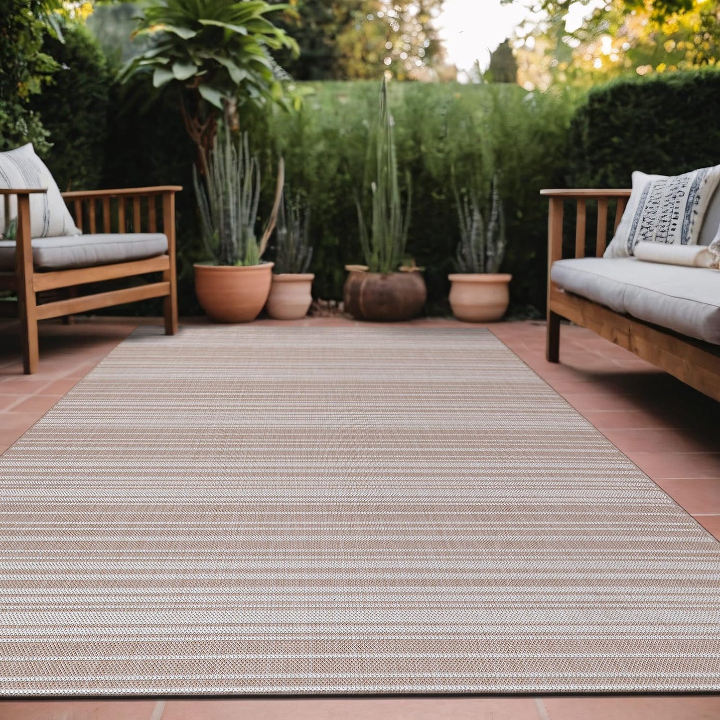 Stripe Outdoor Rug 10x14 Washable Outside Carpet for Indoor Patio Porch Waterproof Easy Cleaning Non Shedding Area Rugs Beige 10 x 14