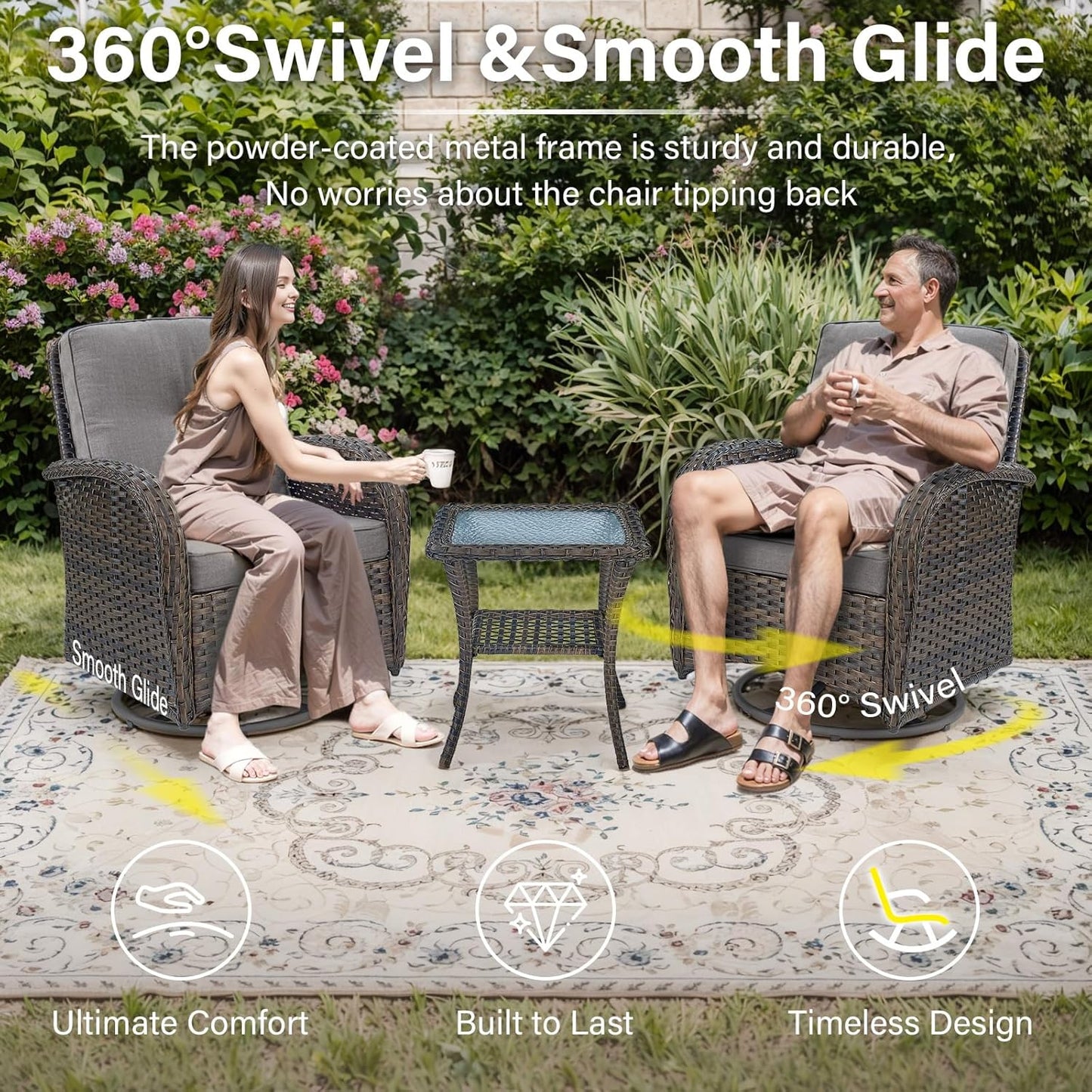 7 Piece Outdoor Patio Wicker Furniture Sets with Swivel Rocker Chairs, Rattan Loveseat Conversation Sets for Patio Deck Backyard Poolside, Grey Cushion