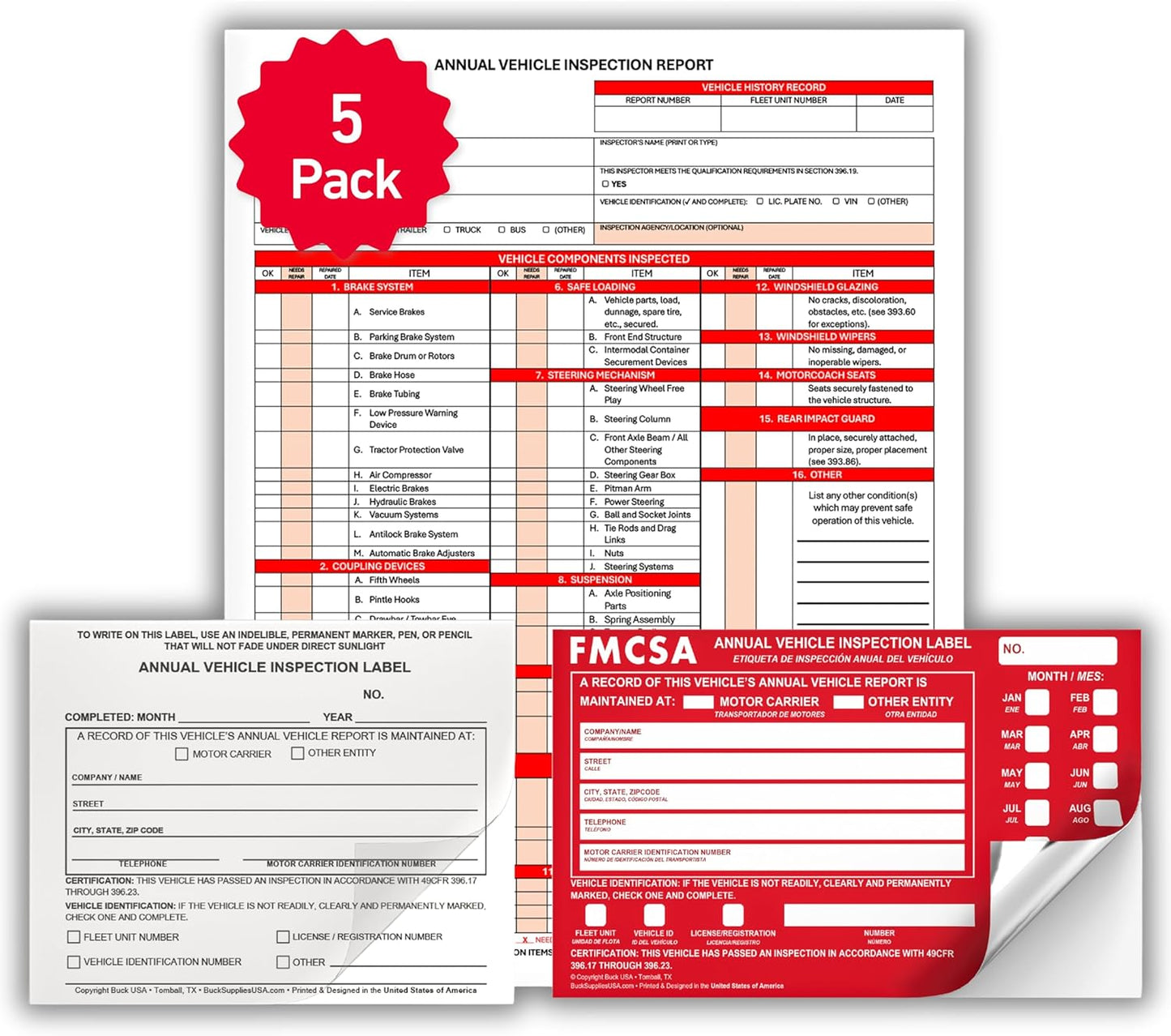 5 Pack 3-Ply Carbonless Annual Vehicle Inspection Report Forms with FMCSA Red Aluminum Labels & White Mylar Laminate Vinyl Labels, DOT Inspection Forms and Stickers, Shrink-Wrapped, 8.5" x 11.75"