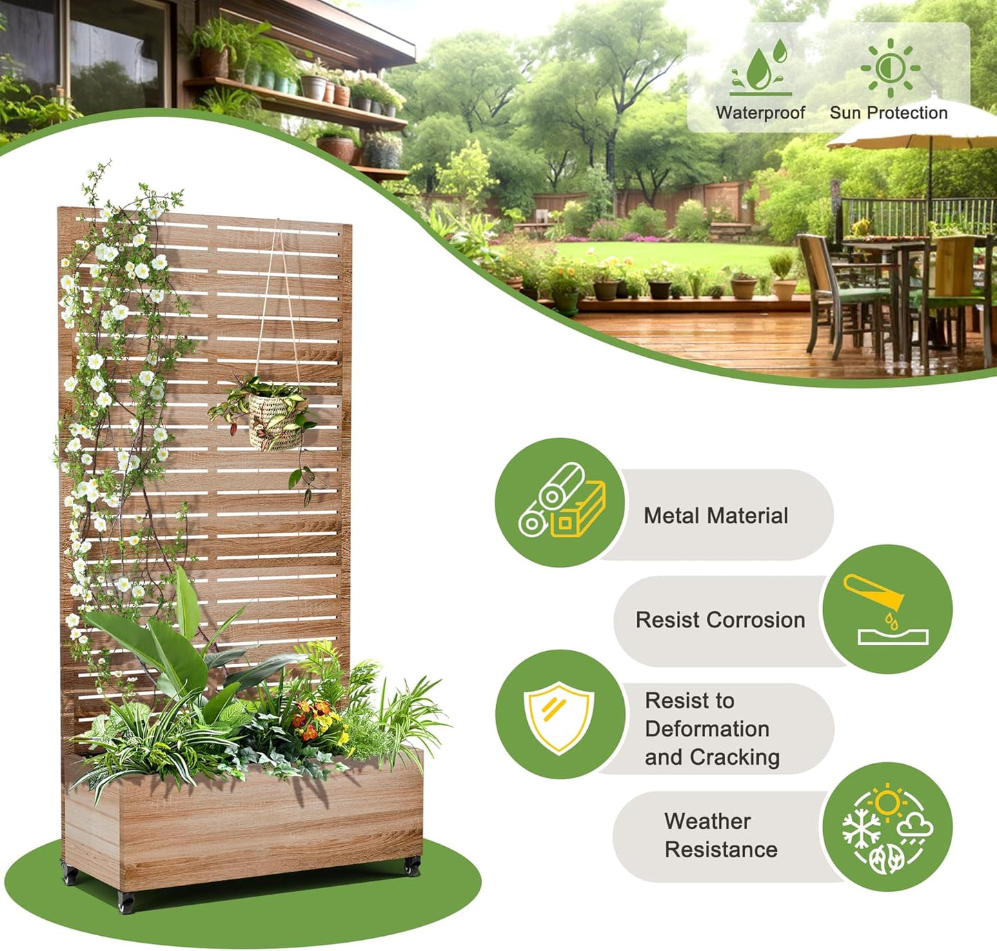 FENCY Metal Raised Garden Bed with Wheels and Trellis,73"x35"x16" Planter Box for Climbing Plants, Vegetables & Vines, Features Privacy Screen and Drainage Holes (Natural Wood Color)