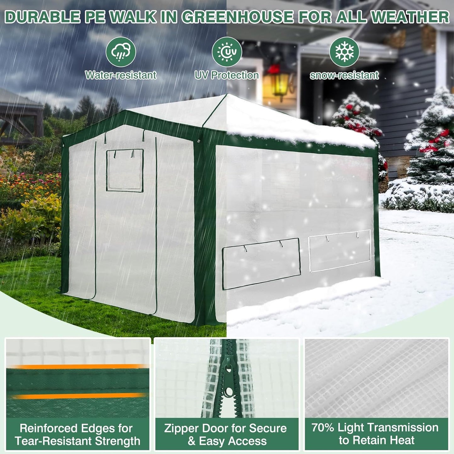 EAGLE PEAK 12x8 Portable Walk in Greenhouse with Polyester Reinforced Corners, Instant Pop up Indoor Outdoor Gardening Green House, Roll Up Zipper Entry Doors and Mesh Windows, Green/White