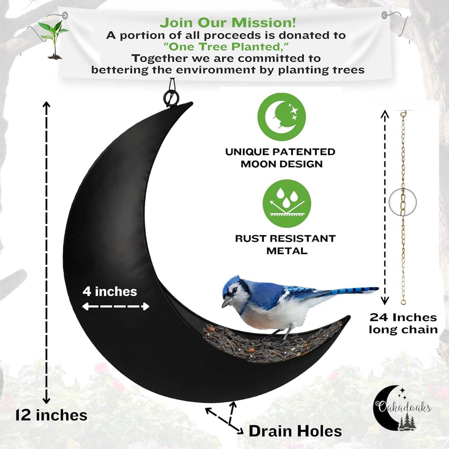 Hanging Moon Bird Feeder – Unique Metal Bird Feeders for Outdoors, Black Rust-Resistant, Drain Holes – Wild Bird Feeder for Bluebirds, Cardinals, Finches, and Backyard Birdwatching (Black)