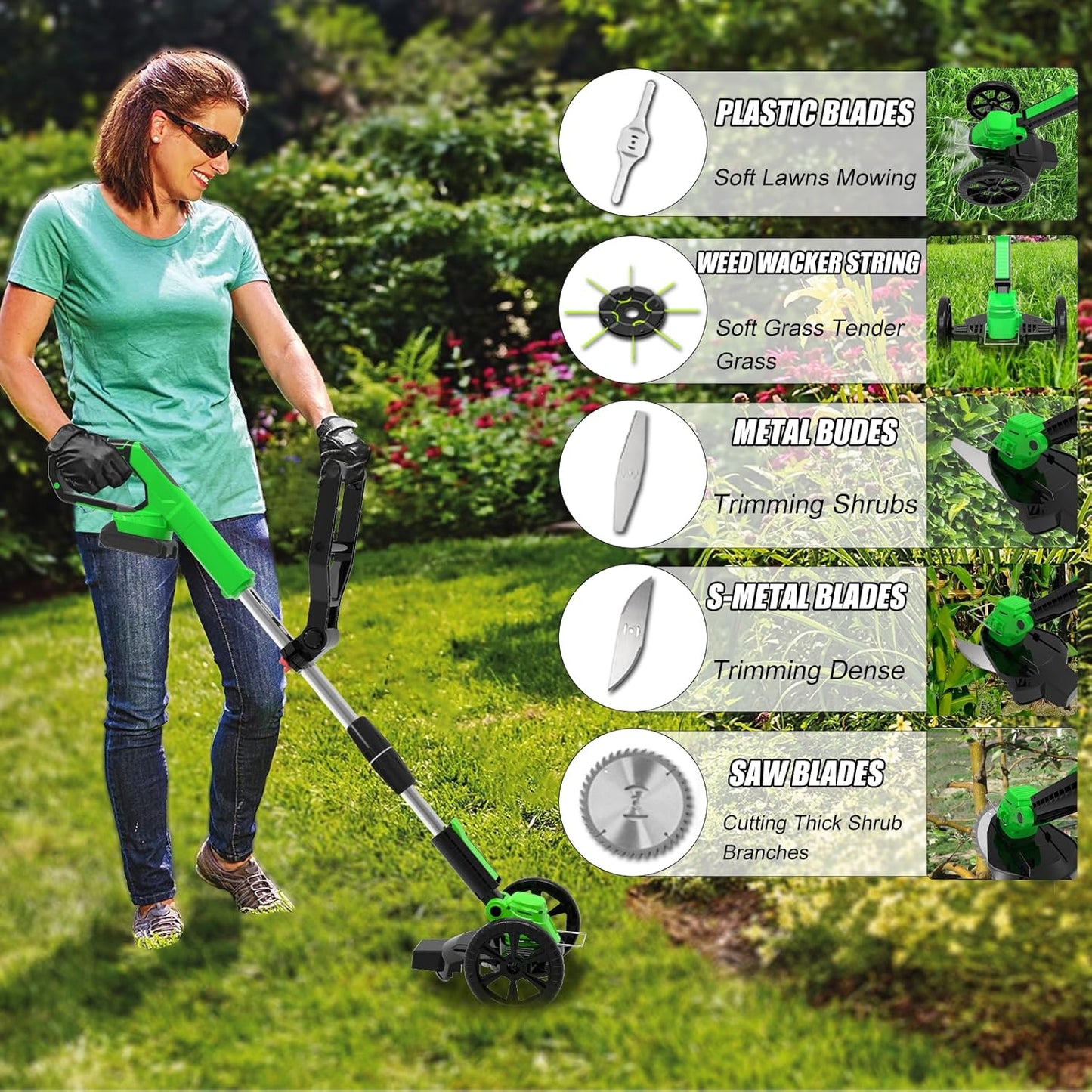 Electric Weed Wacker Cordless Eater Battery Powered Weed Trimmer, with 2Pcs 21V Battery 5 Types Blades Lightweight Grass Trimmer Edger Lawn Tool, Push Wheeled No-String Trimmer for Garden Yard