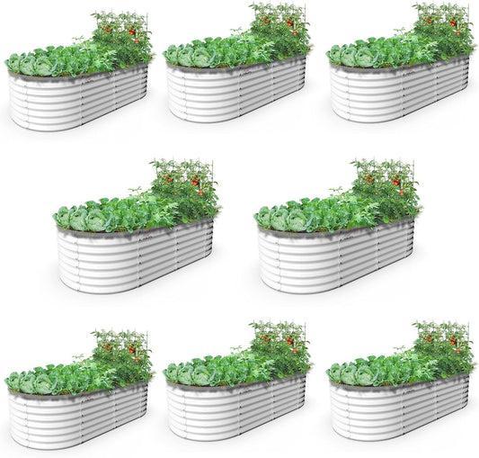 A ANLEOLIFE 6X3X2 ft Galvanized Raised Garden Beds Outdoor-8 Pack, Oval Large Metal Deep Root Planter Box for Planting Vegetables Flowers Herb, Anti-Rust & Easy-Setup, Antique White