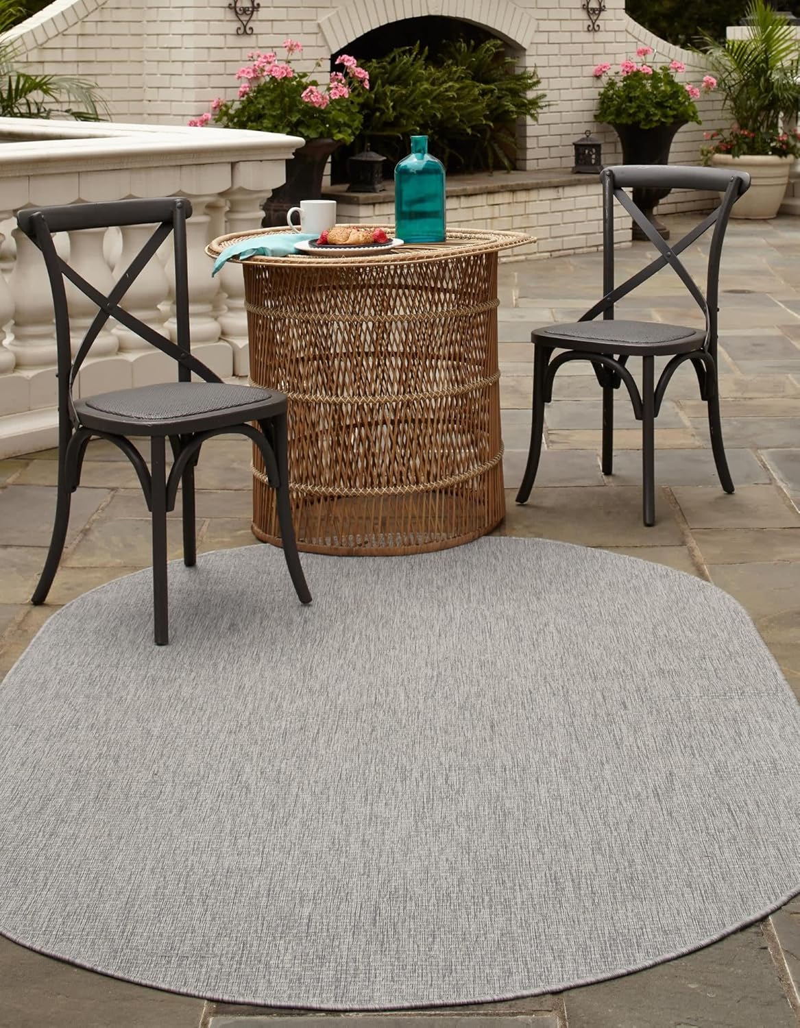 Unique Loom Collection Casual Transitional Solid Heathered Indoor/Outdoor Flatweave Area Rug (5' 1" x 8' Oval, Light Gray/Ivory)