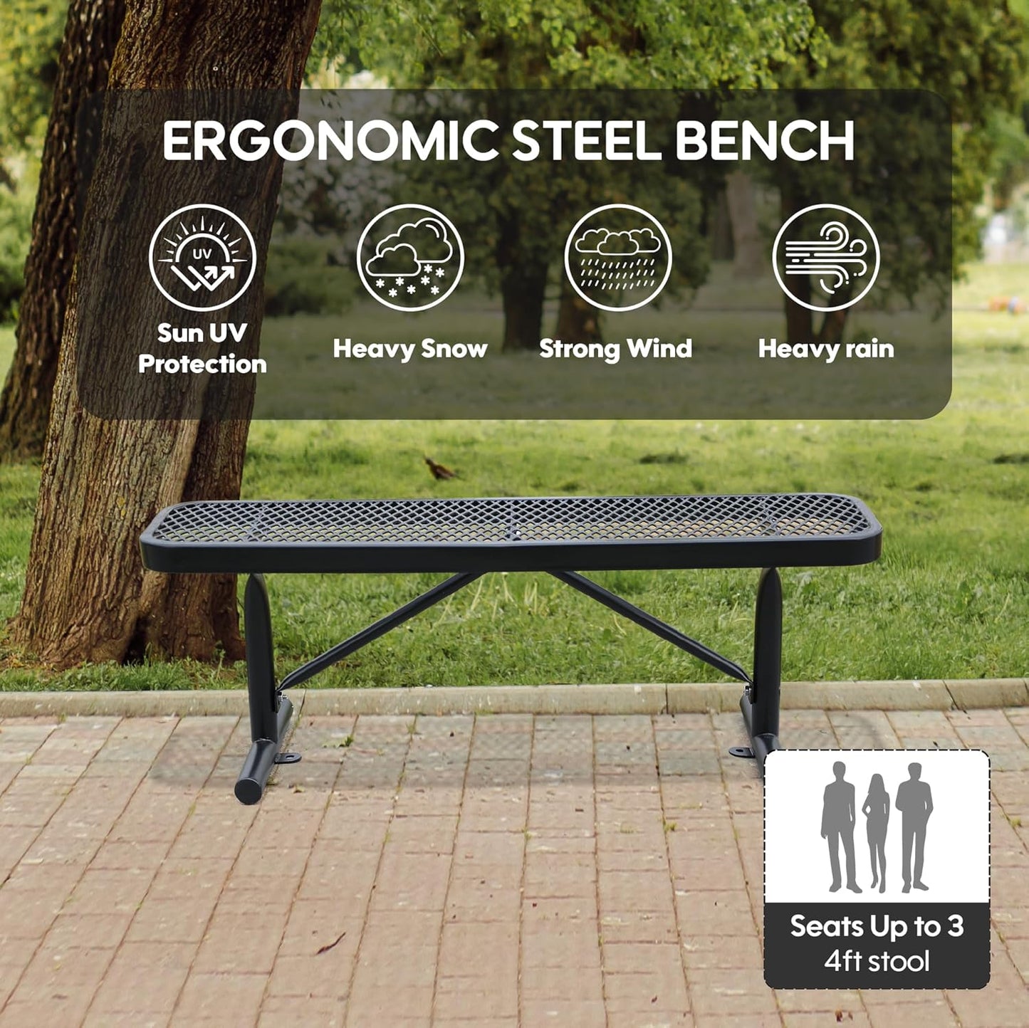 48" L Outdoor Steel Flat Bench, Heavy Duty Metal Park Bench for Outside, Expanded Metal, Commercial Benches Mesh Bench for Shopping Mall, Store, Lawn, Park, Patio, Deck, Garden