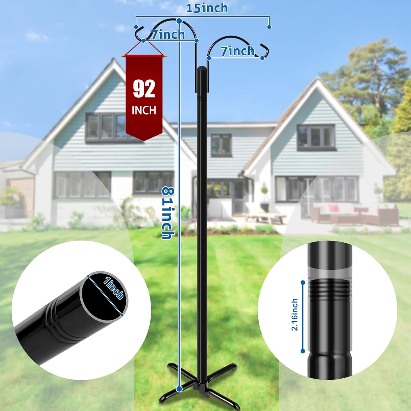 Ottsuls Double Shepherds Hooks for Outdoor, 92 Inch Bird Feeder Pole with 5 Prong Base, Upgrade 1 INCH Thick Heavy Duty Planter Hook for Hanging Baskets, Lantern,1 Pack