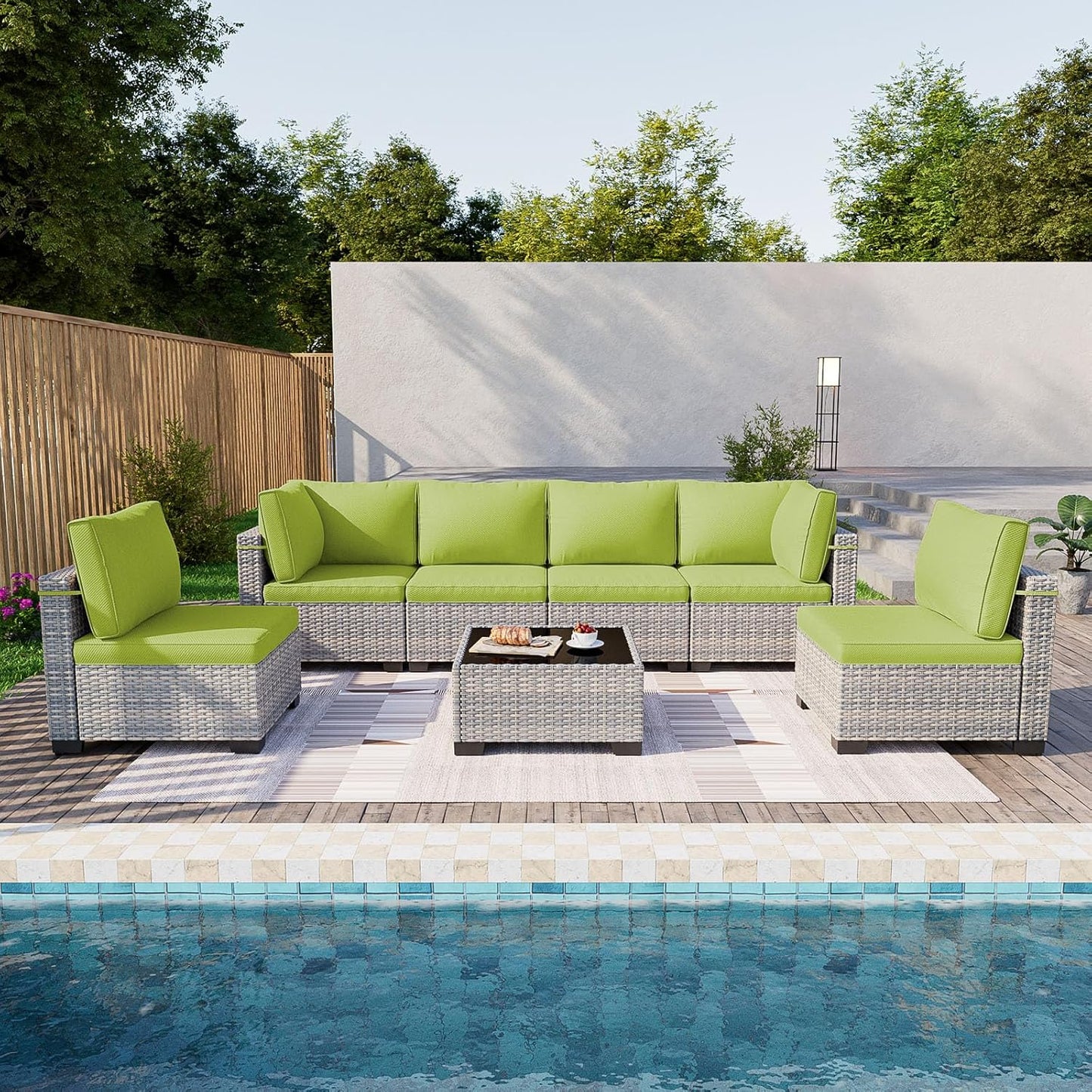7-Piece Patio Furniture Set, Outdoor Sectional with Thick Cushions, Modular Patio Sofa, Dual-Strand Wicker Rattan, Rust-Resistant Frame, Backyard Furniture for Garden, Deck, Grass Green