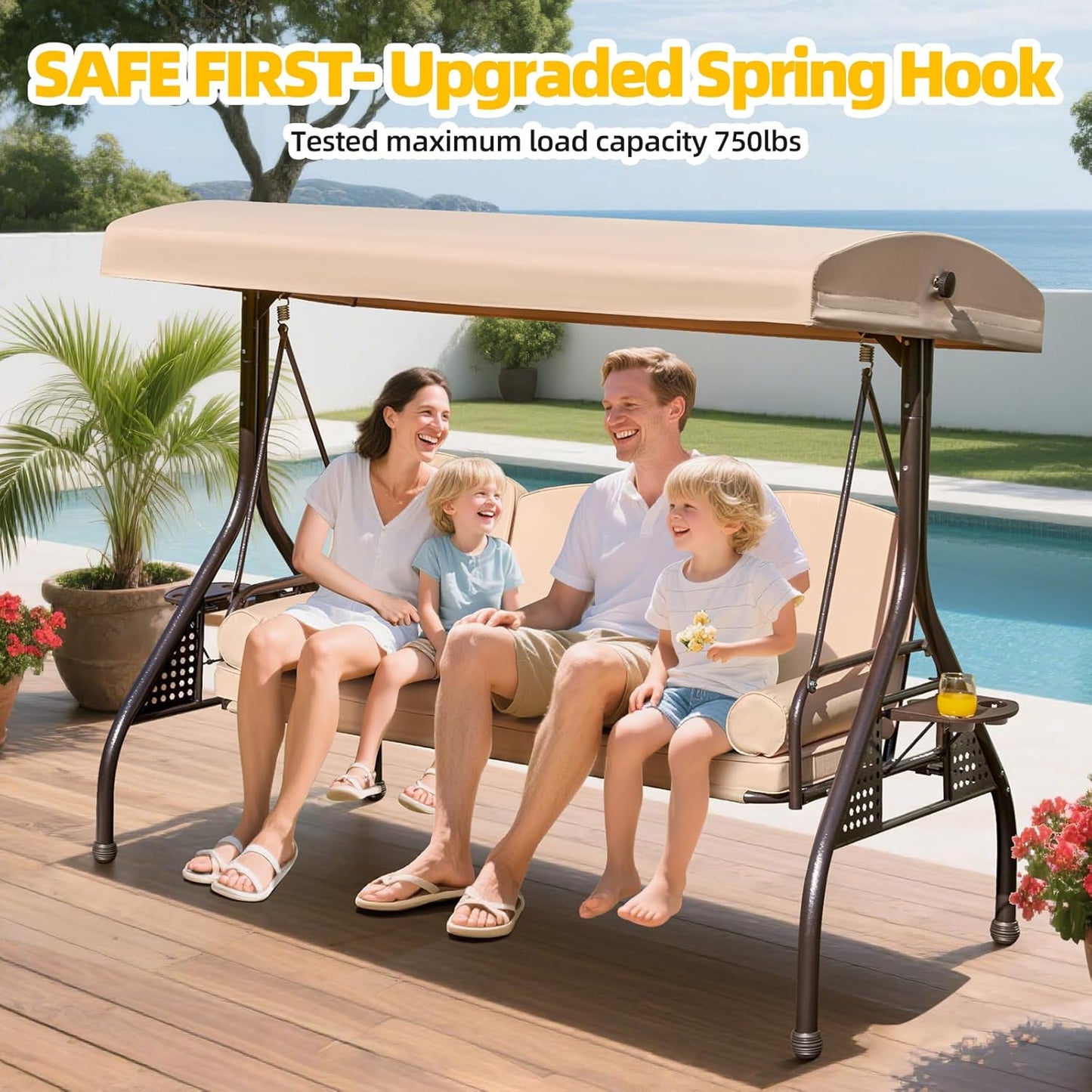 3-seat Patio Swing with Canopy,Convertible Outdoor Swing Bed with Thick Cushions, Pillows & Cup Holders, 3-Seat Outdoor Swings Chair for Backyard, Garden, Deck(Khaki)