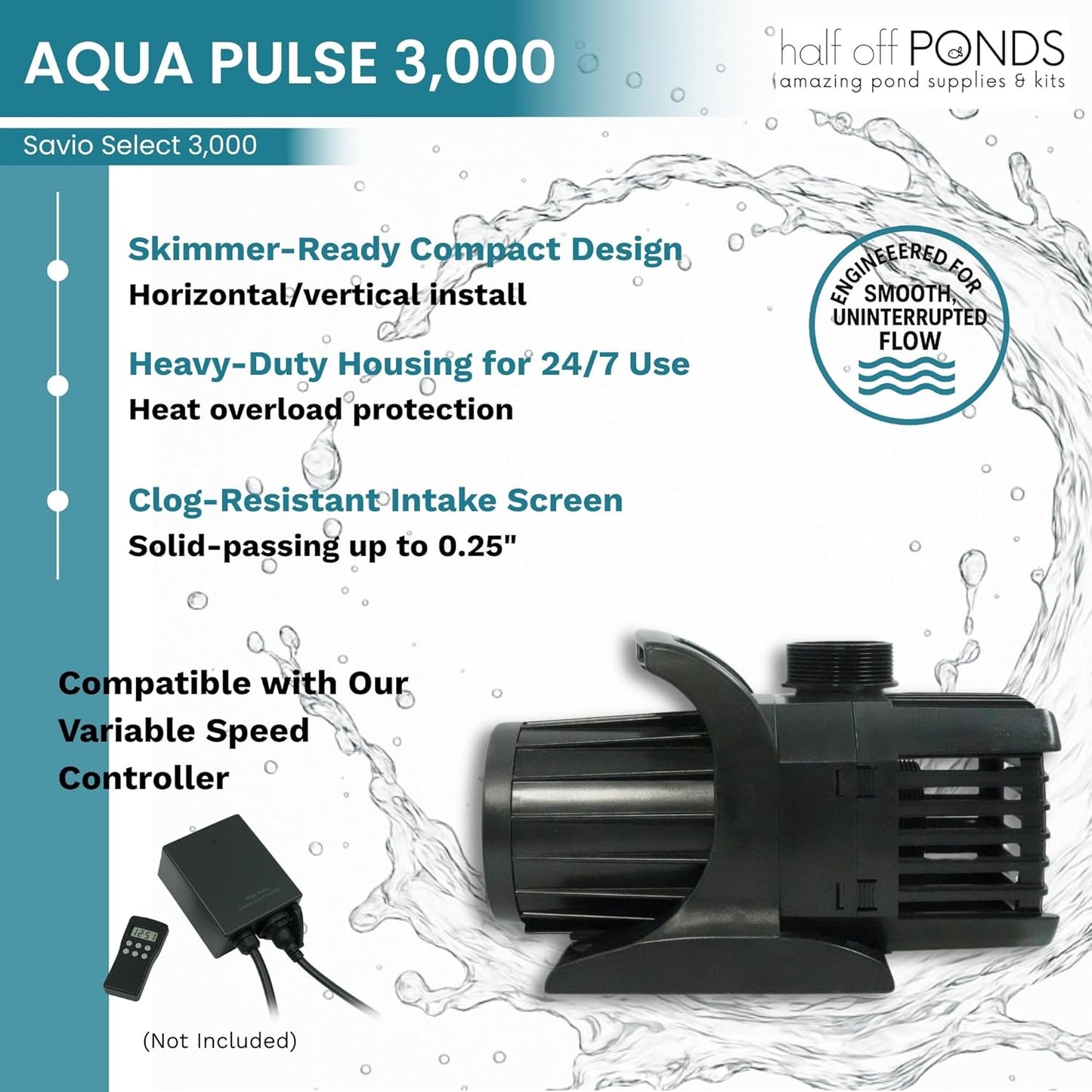 HALF OFF PONDS Savio Select 3,000 GPH Submersible Pump Pond Kit with 20' x 25' PVC Plastic Pond Liner for Water Garden & Koi Pond