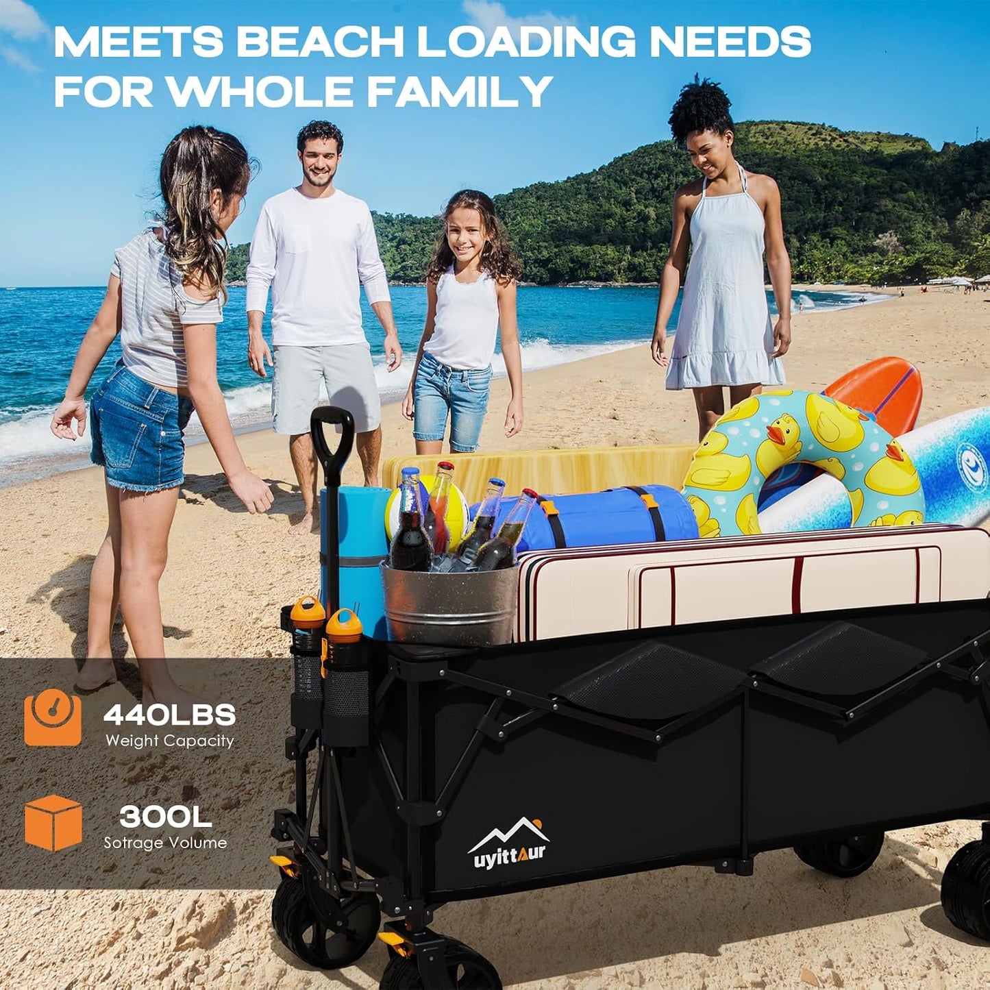 300L Extra Large Collapsible Foldable Wagon, 440lbs Load Capacity 48''L Extended Heavy Duty Folding Beach Wagon with Big All-Terrain Wheels, Utility Garden Cart for Outdoor Activities, Black