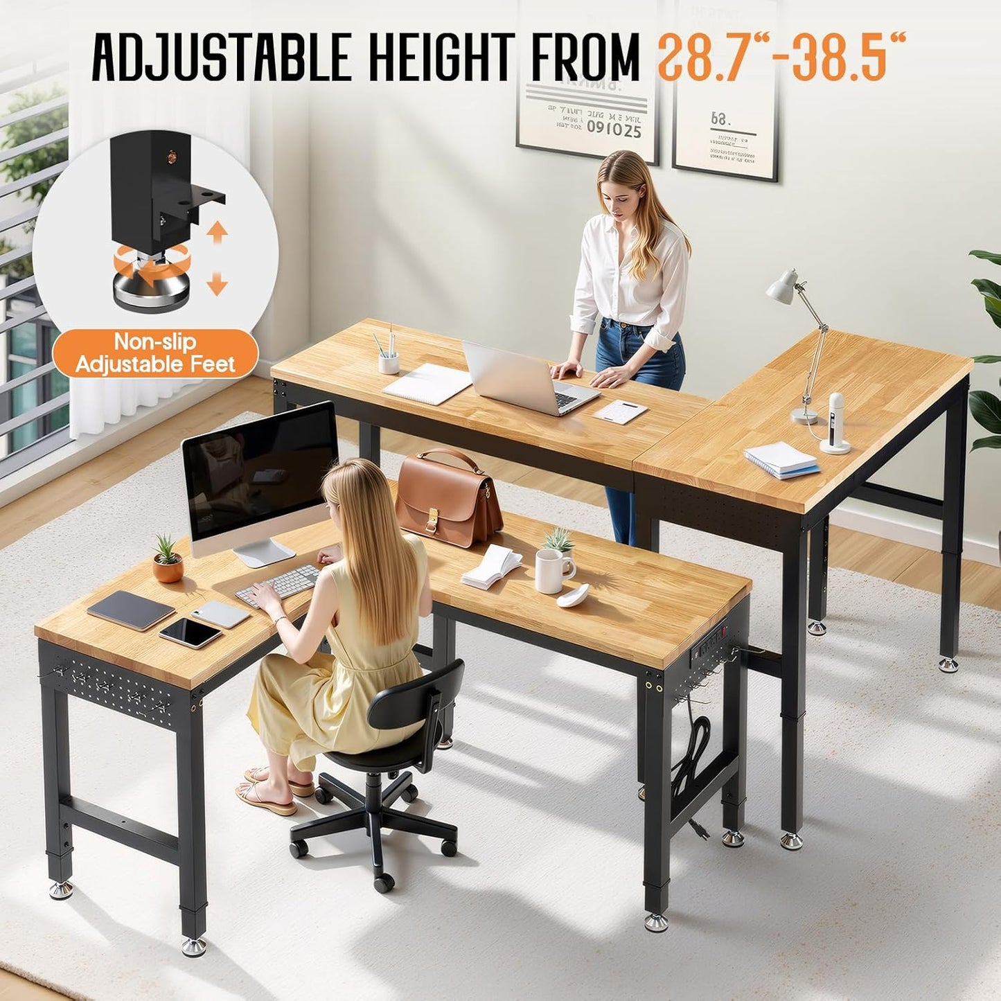 Albott 56"x48" L-Shaped Adjustable Workbench with Storage & Power Strip, Heavy Duty Tool Bench for Woodworking, Garage, Workshop, Home Office, 6000LBS Load, Pegboard & Hooks, ETL Certified