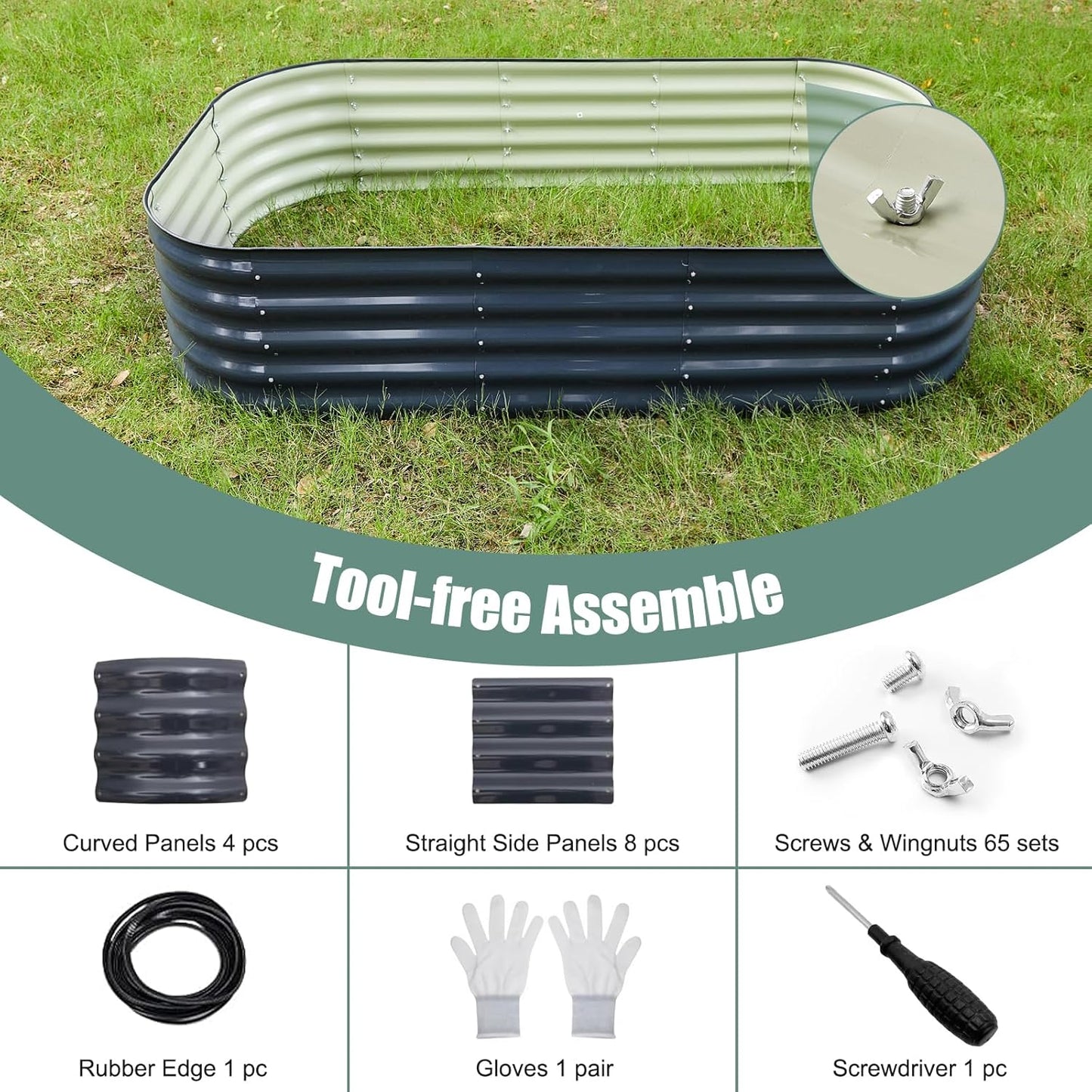 Galvanized Steel Raised Garden Bed 8x2ft Oval - 17" Tall 9-in-1 Modular Planter Box for Vegetables/Flowers, Rust-Proof Metal Outdoor Planters Rubber Edging (Grey)