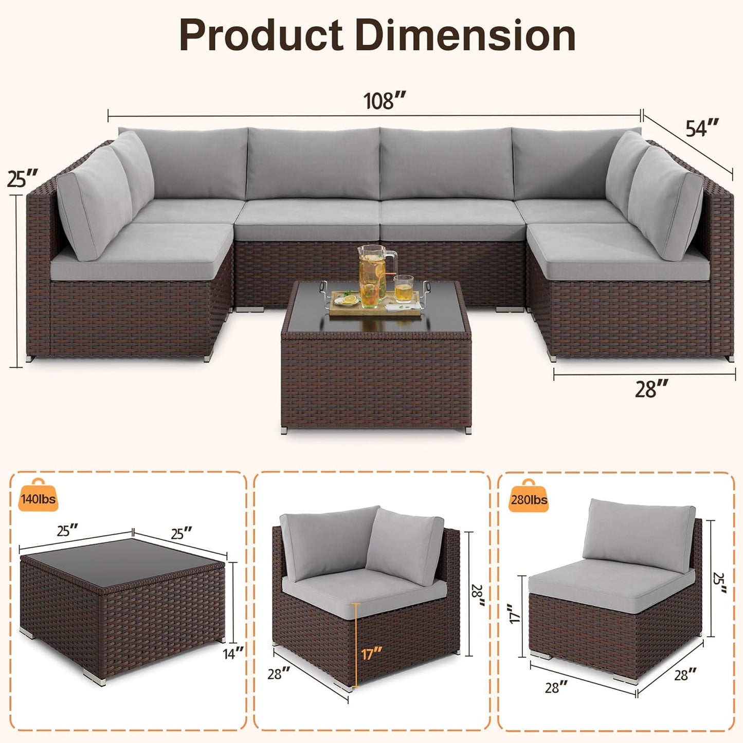 Ahomly 7-Piece Patio Furniture Set, Outdoor Sectional Couch with Water-Resistant Cushions & Coffee Table, PE Rattan Outdoor Patio Sofa Set for Backyard, Deck, Garden, or Porch, Grey