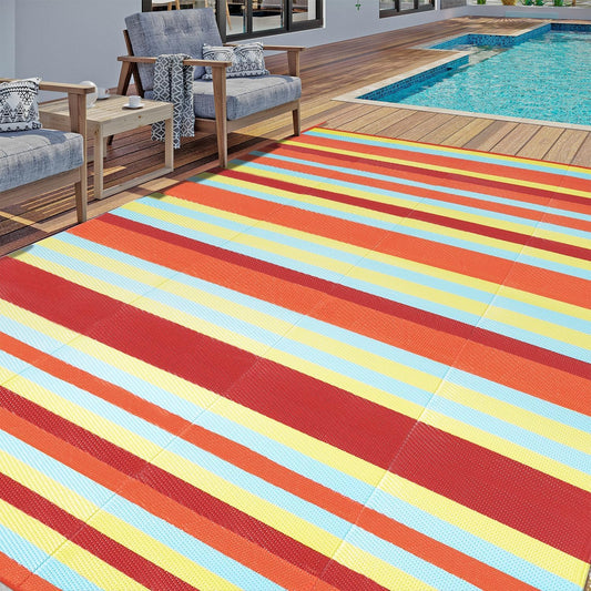 Outdoor Waterproof Rug 6'x9' Plastic Straw Rugs Washable Reversible Floor Mat Rainbow Stripe Carpet for Camping RV Deck Entryance Porch Picnic Balcony Beach Backyard