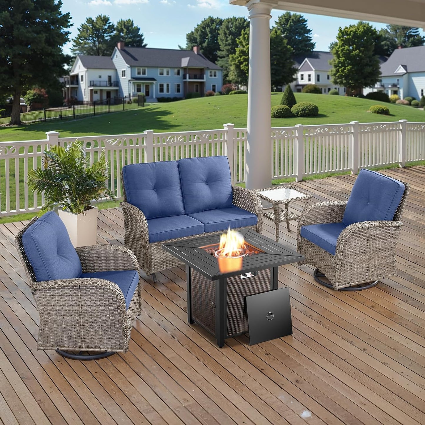 5 Piece Outdoor Patio Furniture Set with 50000 BTU Propane Fire Pit Table, Deep Seating Wicker Swivel Rocker Chairs and Loveseat Glider Patio Conversation Set for Deck Poolside Backyard
