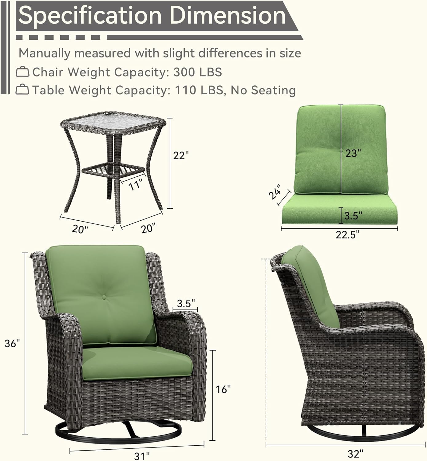 3 Pieces Outdoor Furniture Set - Patio Wicker Swivel Rocker Chair Set of 2 and 1 Side Table, Green, Mixed Brown Rattan, Suitable for Porch, Yard