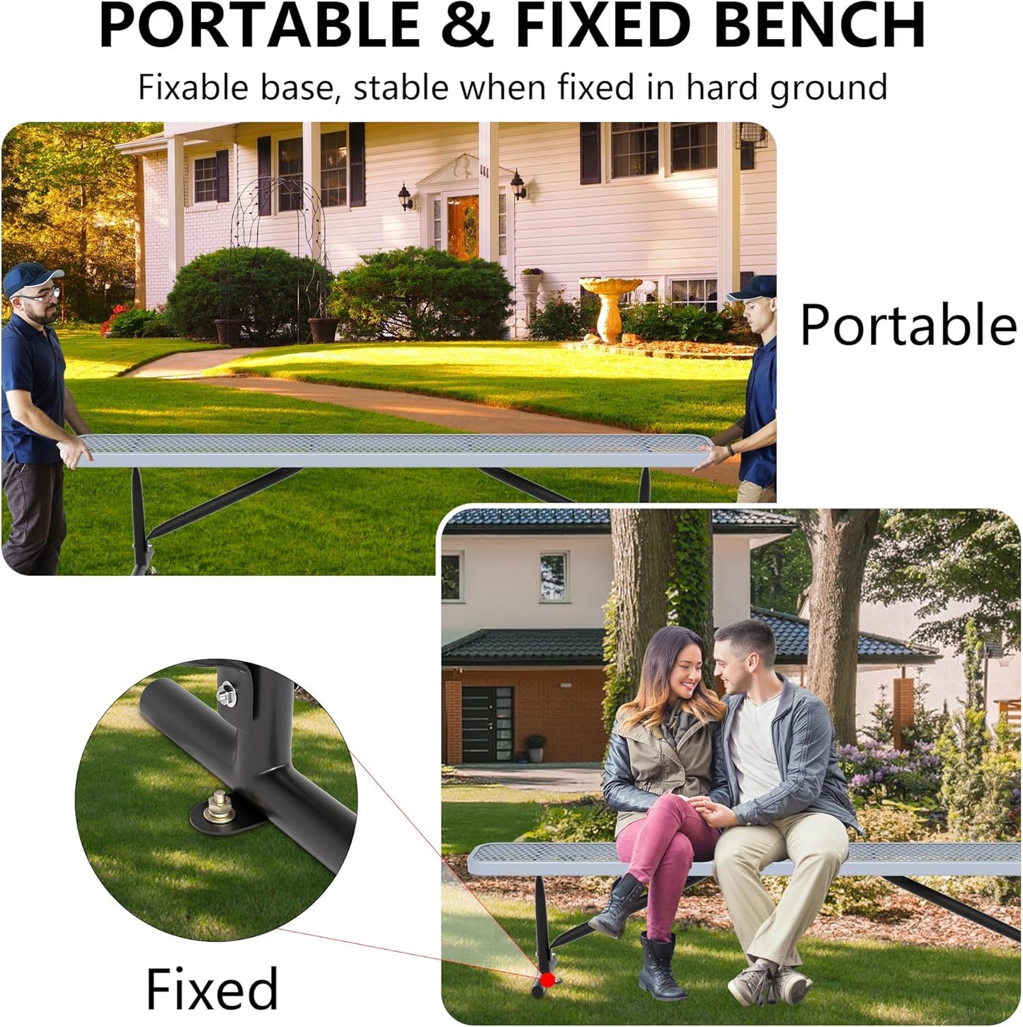 8 Feet Heavy Duty Metal Park Bench for Outside, Outdoor Bench with Portable Frame, Commercial Benches for Shopping Mall, Store, Park, Patio, Deck, Grey