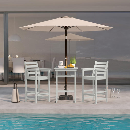 3-Piece Outdoor Bar Set with Beige 9FT Patio Umbrella, HDPE Tall Balcony Adirondack Chairs and Table, All-Weather Outdoor Bar Stools for Patio (White)