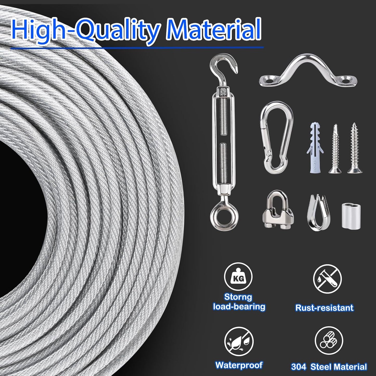 3/16" Wire Rope, 304 Stainless Steel Turnbuckle Wire Tensioner Kit, 100 Ft PVC Coated Steel Cable w/ 7×7 Strand Core for Decking Stair Railing, Shade Sail, String Light Hanging, Clothes Line