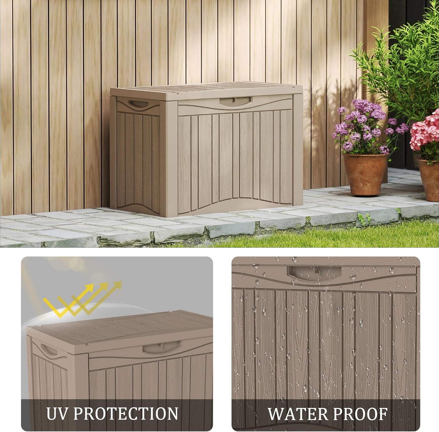 50 Gallon Plus Waterproof Outdoor Storage Bin Resin Deck Box for Patio, Poolside, and Garden, Lockable & UV-Resistant, Ideal for Small Spaces, Grey