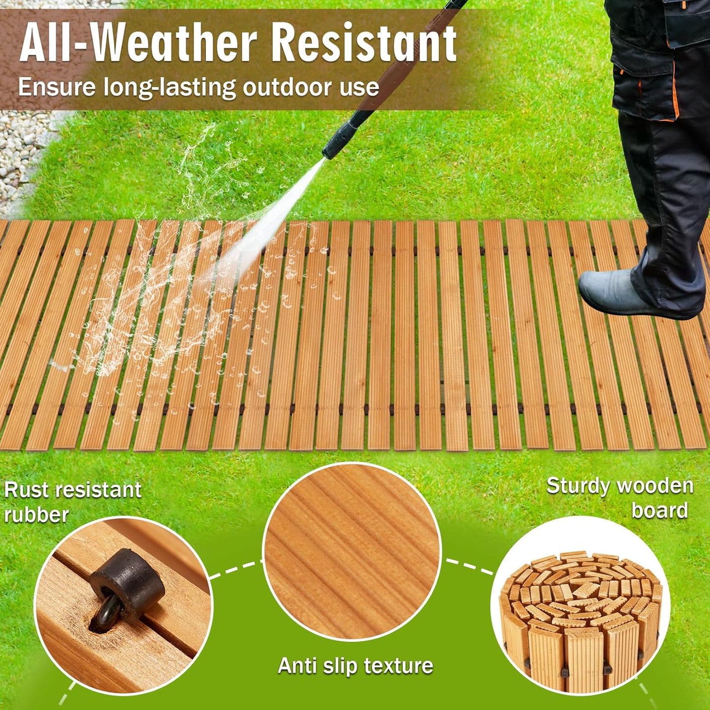 8FT Wooden Garden Pathway,Outdoor Roll Out Decorative Straight Walkway,Weather-Resistant Patio Path,Non-Slip Pavers Boardwalk for Garden, Backyard, Beach, Wedding Party Pathways