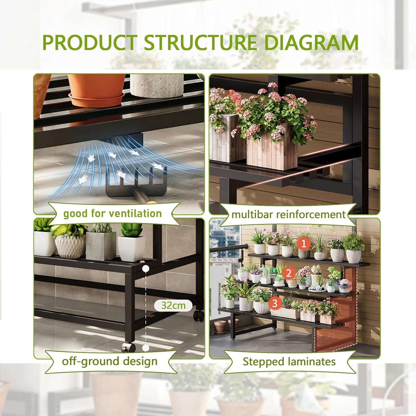 3 Tier Large Metal Plant Stand, with Hanging Tall Plant pot shelf, with Rollers Heavy Duty Plant Holder, for Home/Garden/living room/balcony (BLACK, 31.5IN)