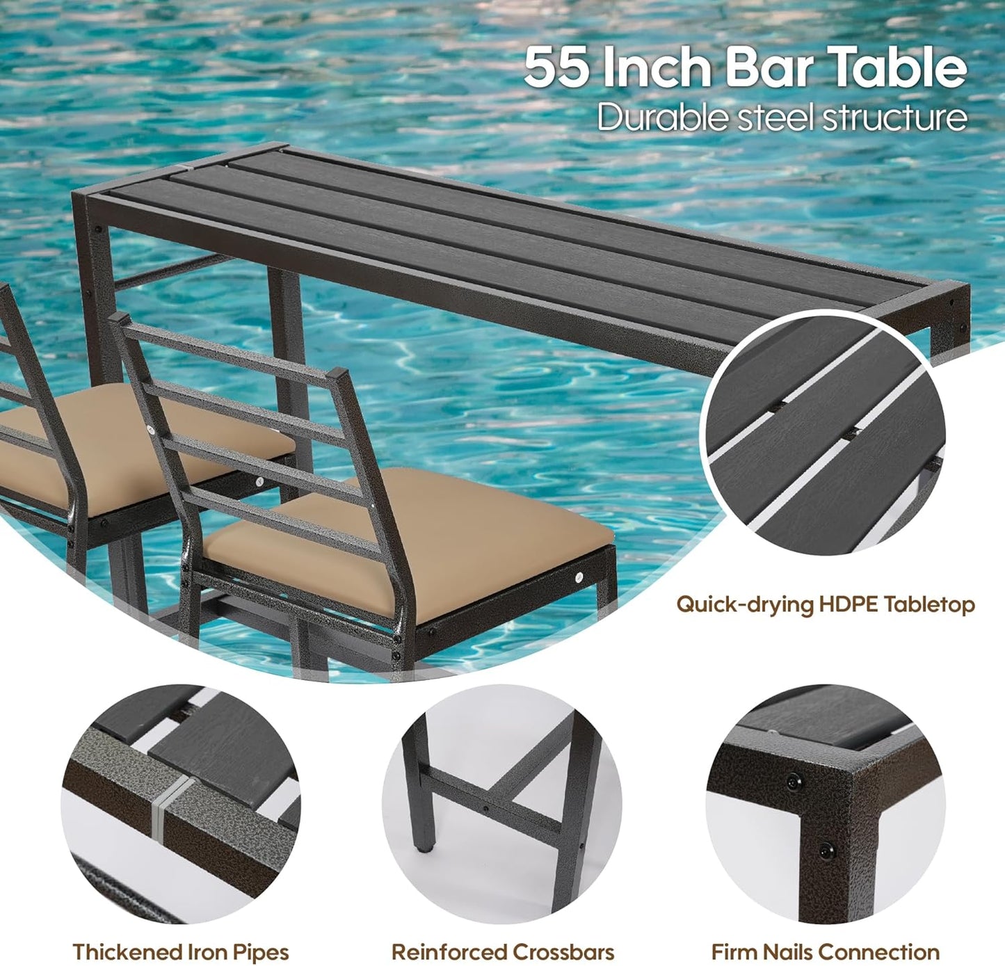 3Pcs Outdoor Patio Bar Set with Cover, 55" Rectangular Pub Height High Top Bar Table with 2 Cushioned Bar Stools, Metal Bar Table and Chairs Set for Outside, Patio, Balcony, Deck