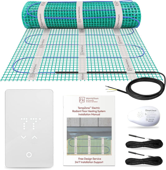 63 Sqft Heated Floor Mat Kit with Radiant Floor Heating System Thermostat UTN5, Two Sensors, Tester, 240V Electric Radiant Floor Heating Mat installs under Bathroom Tile, Vinyl - WarmlyYours TempZone