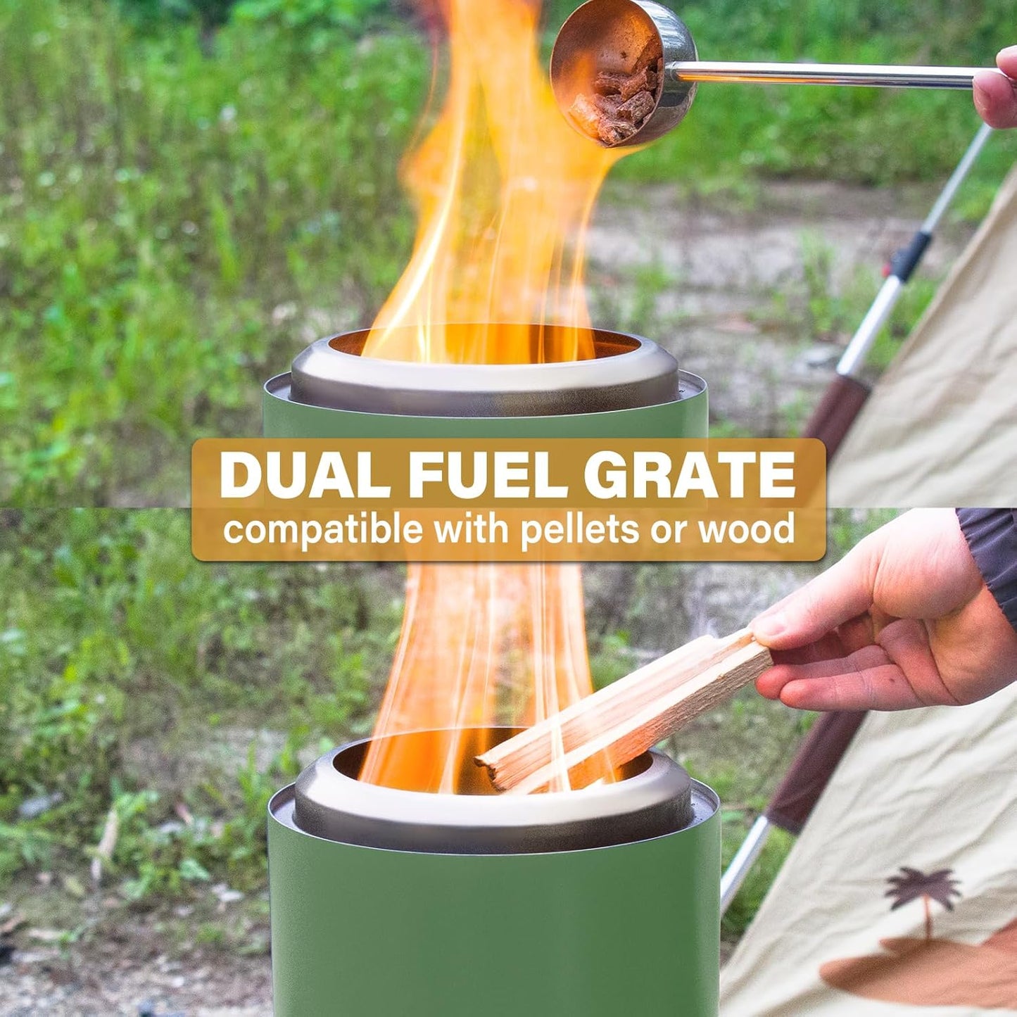 HGD 8.0 x 5.5 in Small Tabletop Fire Pit, Portable Mini Smokeless Table Top Firepit, Low Smoke Camping Stove for Outdoor & Patio, Fueled by Pellets or Wood, with Travel Bag, Stainless Steel, Green