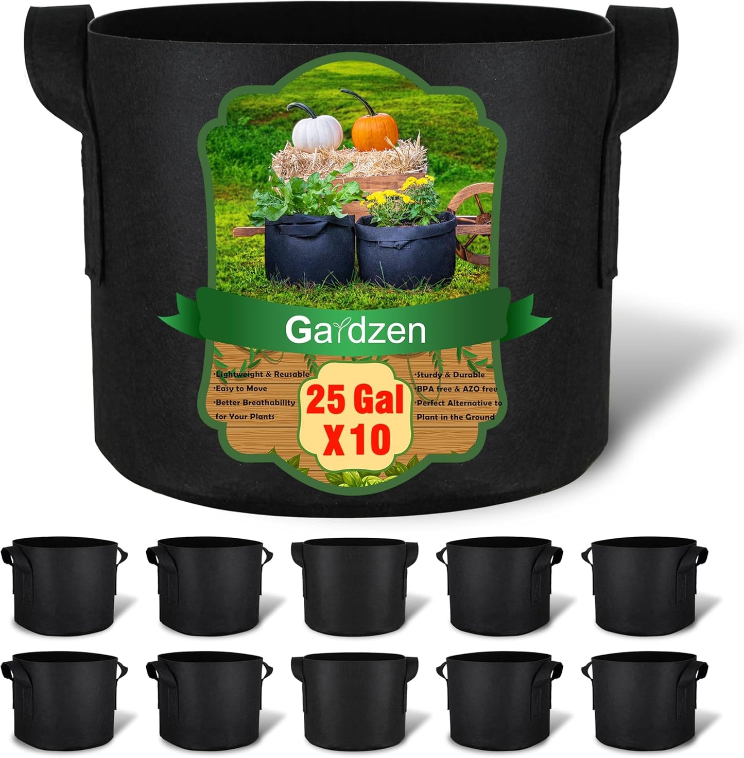 Gardzen 10-Pack 25 Gallon Grow Bags, 300G Thickened Aeration Fabric Pots with Handles, Heavy Duty Cloth Pots for Plants