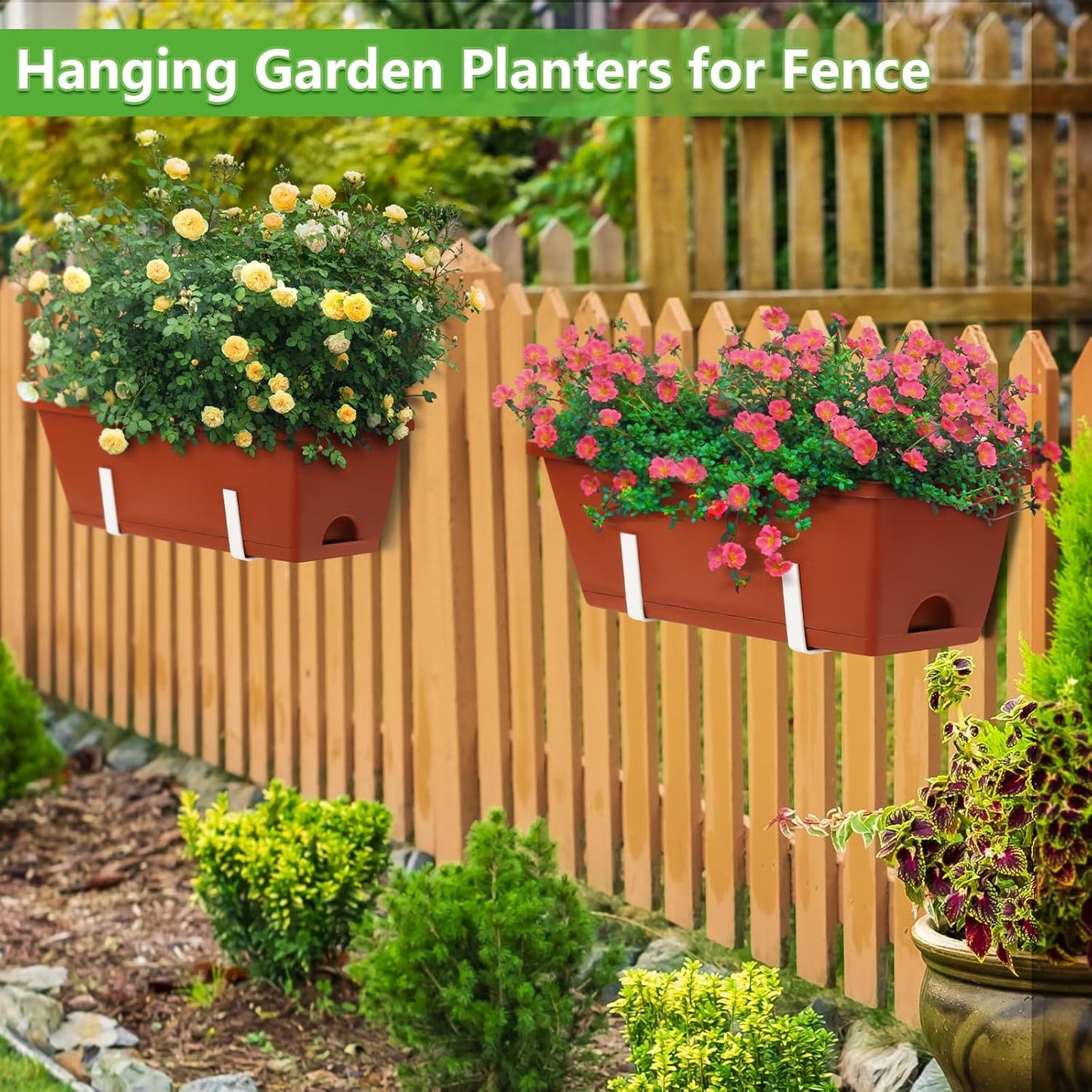 Deck Railing Planter Boxes, 6 Pack Deck Hanging Planters for Railing, 16.9 Inch Balcony Planters Railing Hanging, Railing Hanging Planter, Red and White