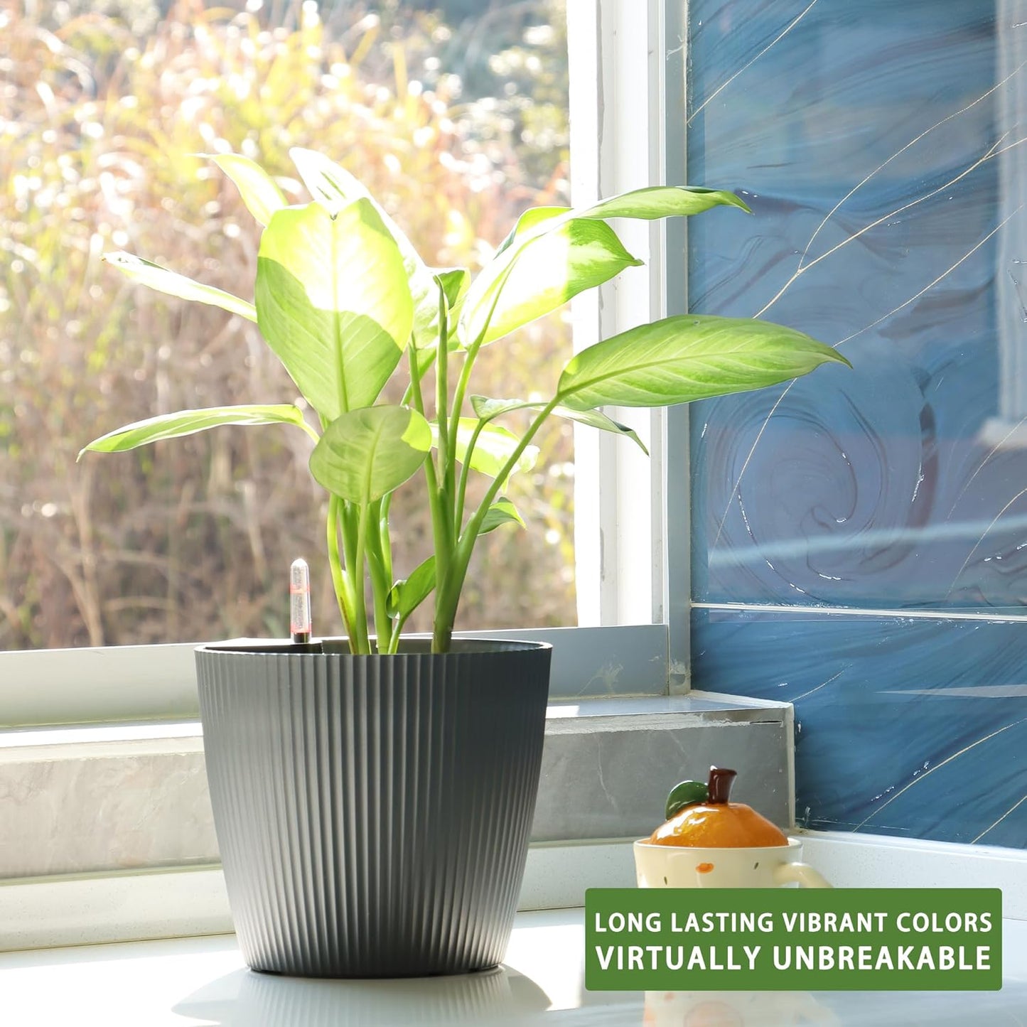 Dexceder 9x8 Self Watering Planters Indoor, Inner Mat Design, Table Flower Plant Pot with Water Level Indicator (2 Pack, Gray)