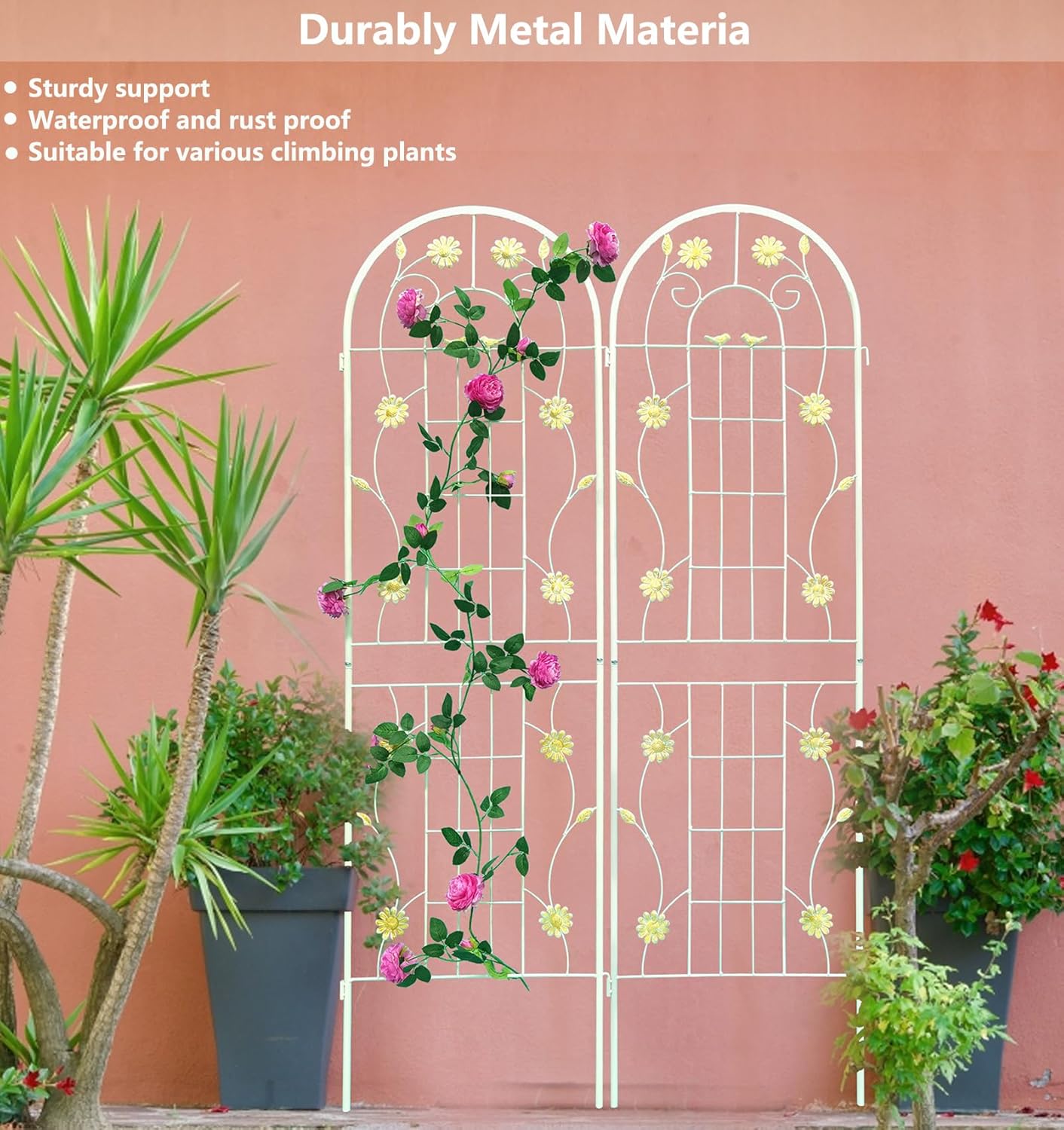 2 Pack Metal Garden Trellis for Climbing Plants 71" H Cream White Garden Fence Rustproof Trellis Support Roses Flower Outdoor Lawn, Cream White