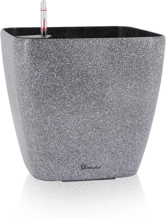 Dexceder 15x14 Self Watering Planter with Wheels Indoor Outdoor, Inner Mat Design, Thickened Large Floor Standing Flower Plant Pot with Water Level Indicator (Stone Matte)